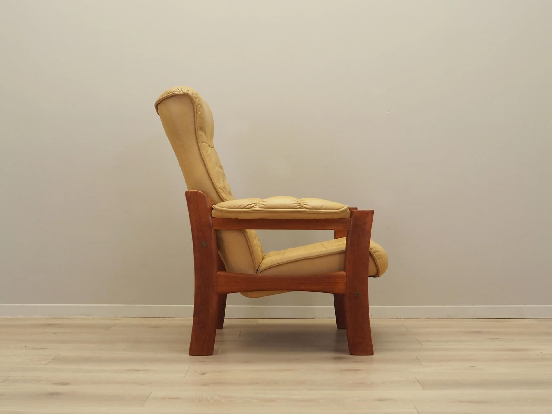 Armchair, yellow leather, teak, Denmark, 1960s - 26301