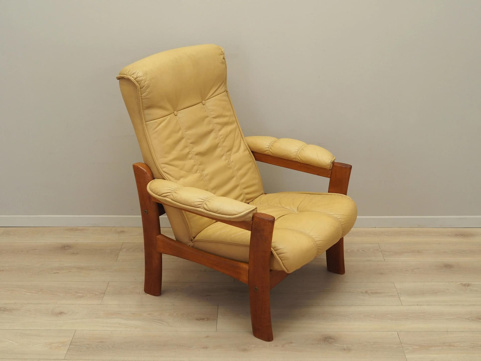 Armchair, yellow leather, teak, Denmark, 1960s - 26305