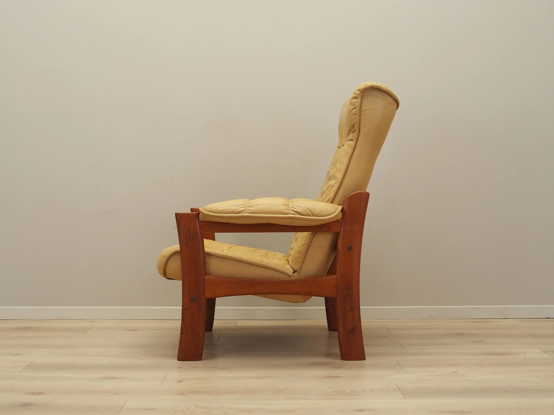 Armchair, yellow leather, teak, Denmark, 1960s - 26303