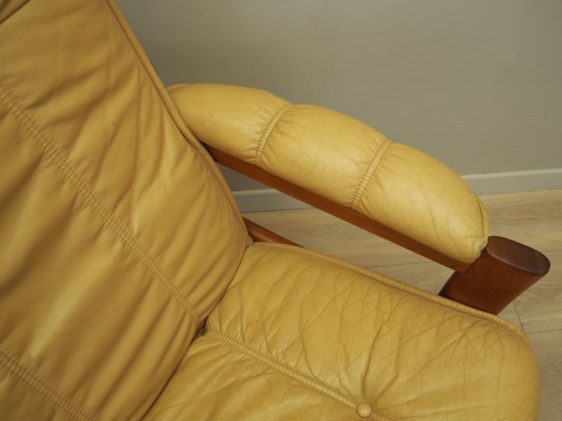 Armchair, yellow leather, teak, Denmark, 1960s - 66236