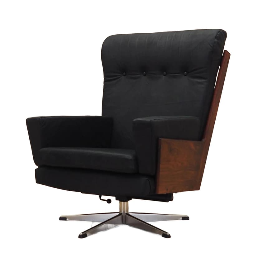 Fotel gabinetowy, skóra czarna, palisander, Dania, lata 70.