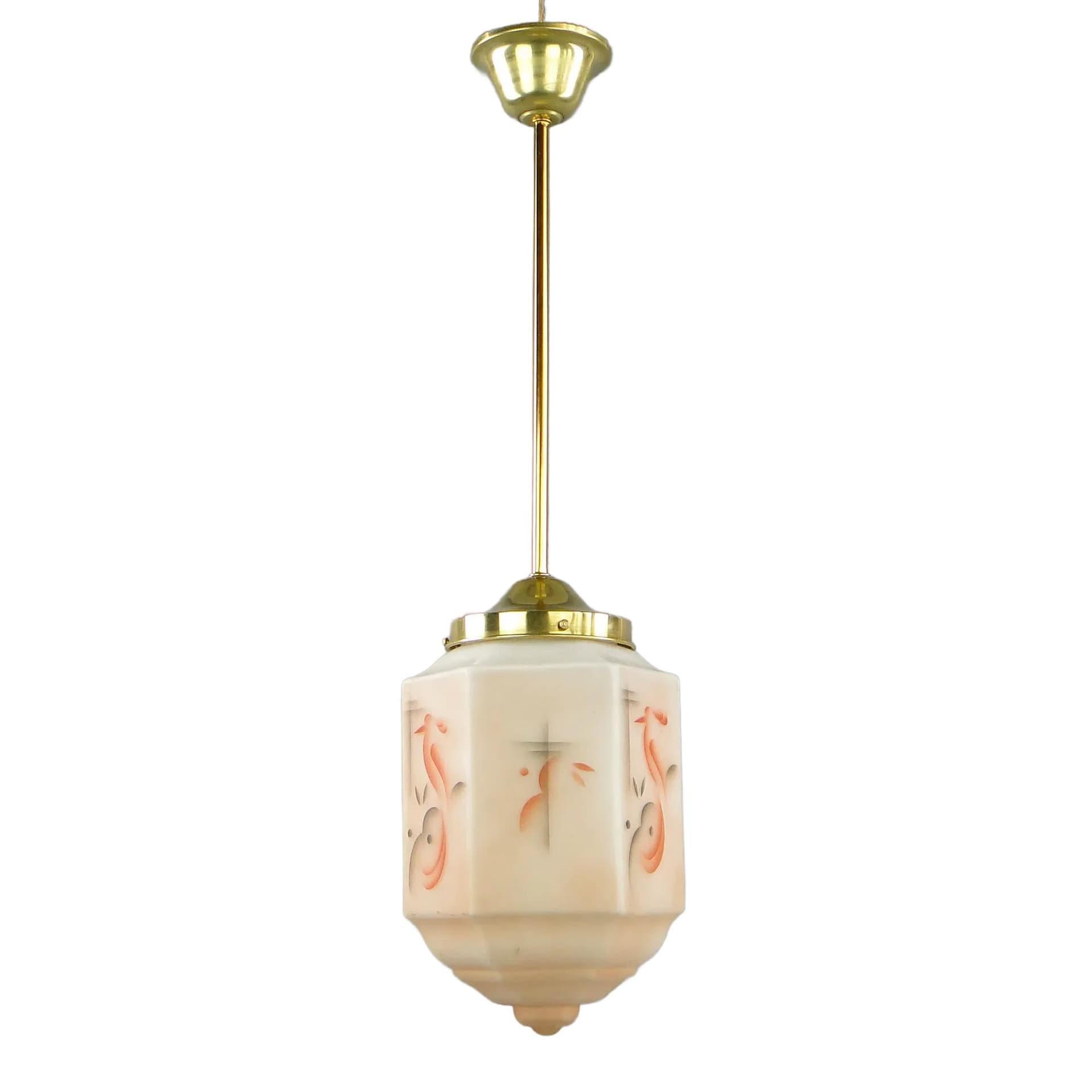 Lampa wisząca Art déco, szkło ivory white, mosiądz, Polska, lata 20.