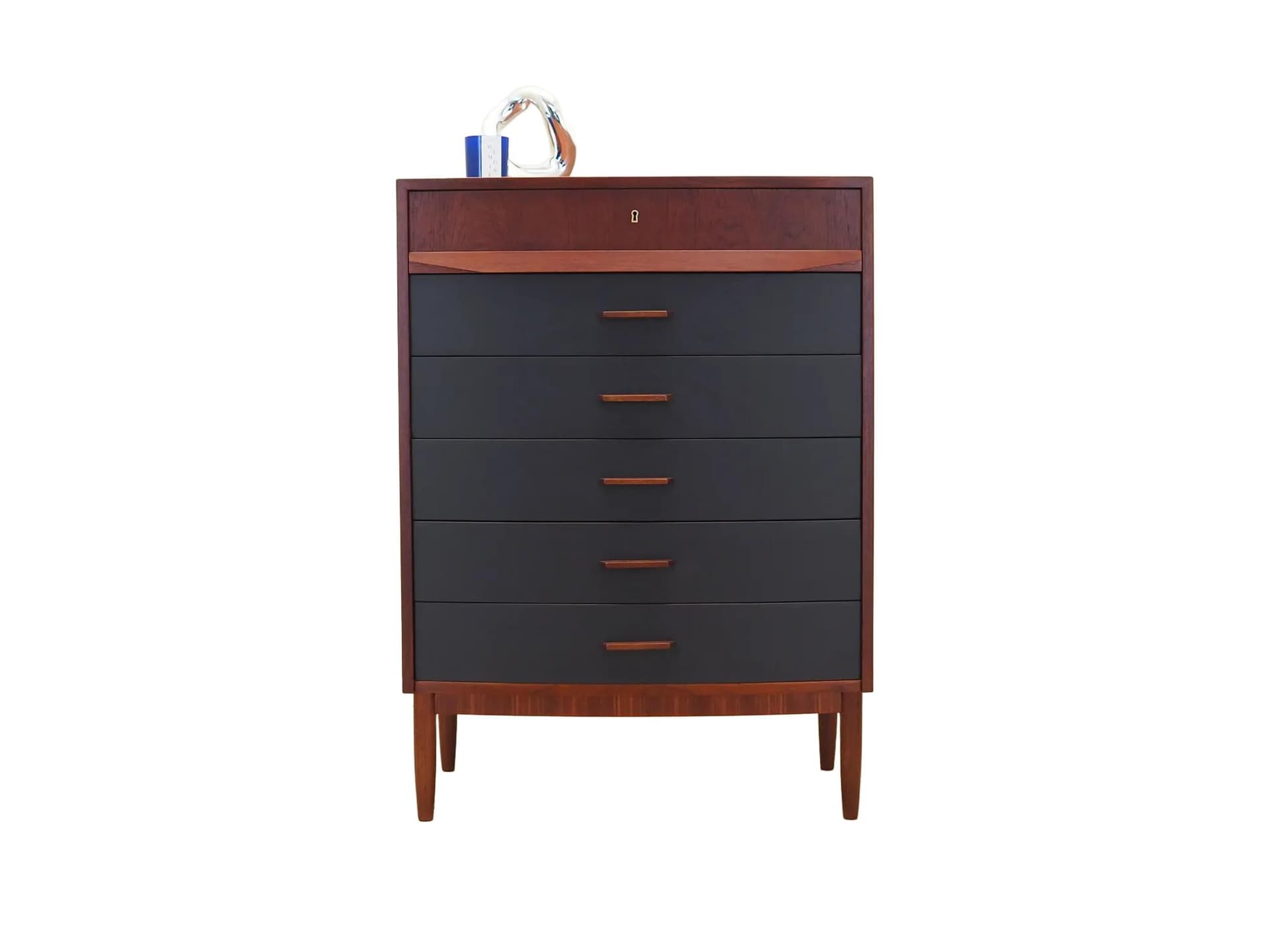 Chest of drawers, mid-century modern, brown teak, black fronts, Denmark, 1970s.
