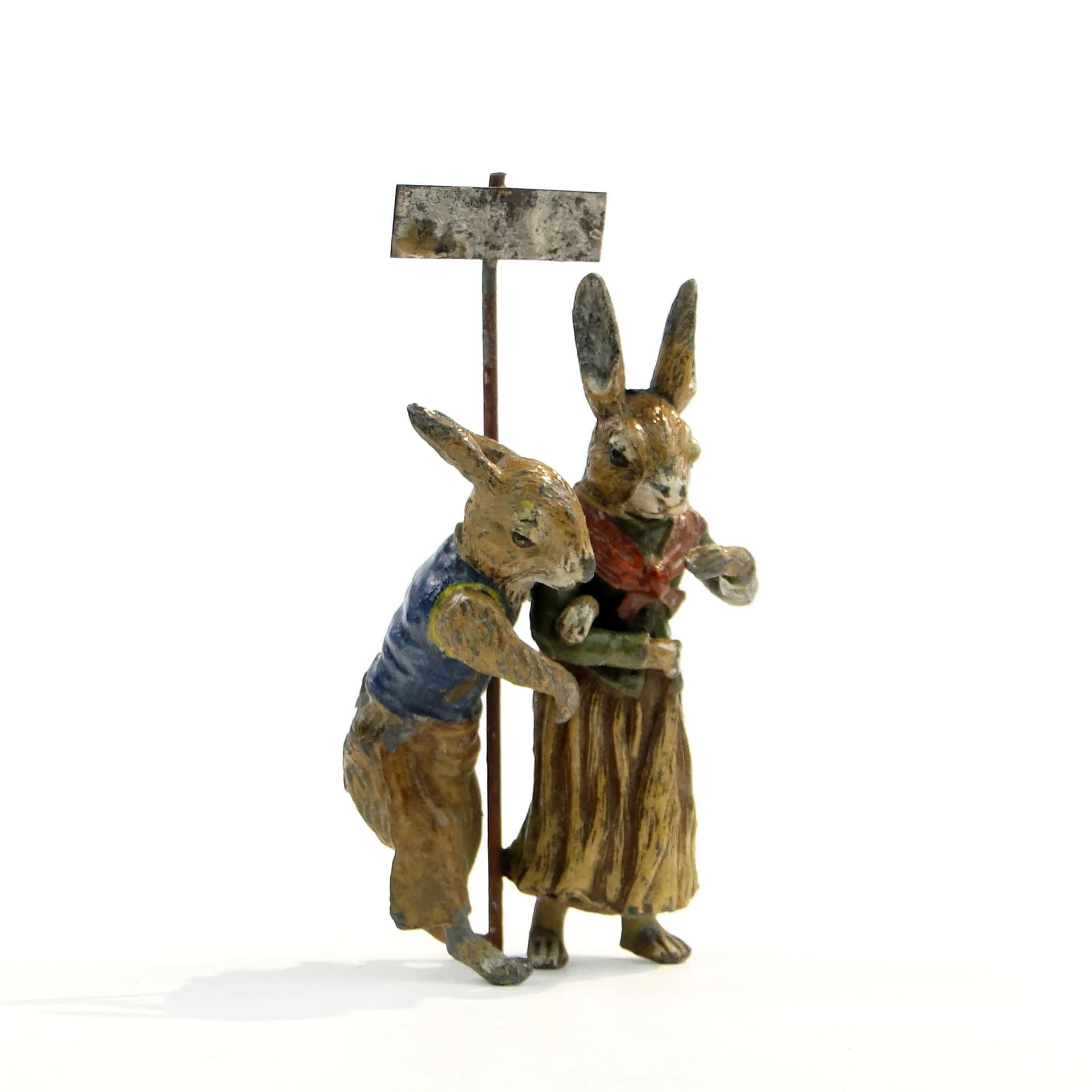 Rabbit Couple Figurine, Folk, Multicolor, Pewter, Austria, Early 20th c. - 26786