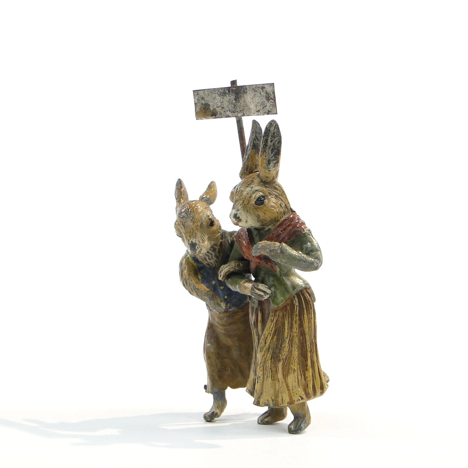 Rabbit Couple Figurine, Folk, Multicolor, Pewter, Austria, Early 20th c. - 26787