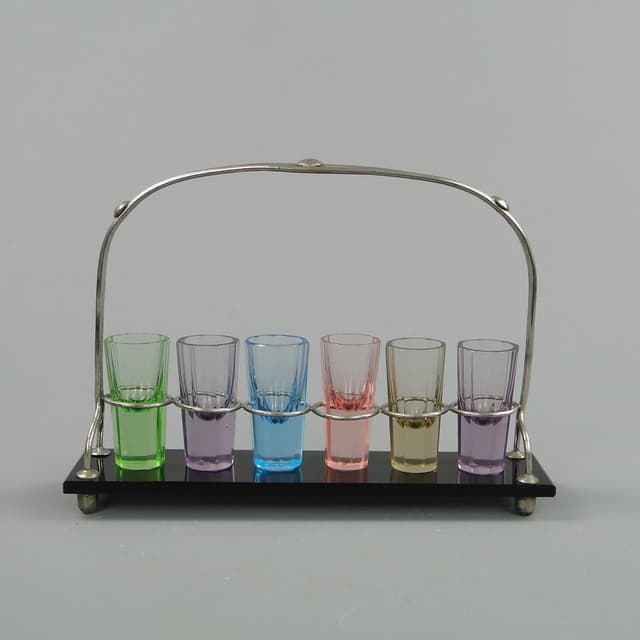 Komplet kieliszków Art Deco, szkło kryształowe wielobarwne, szkło hialitowe czarne, Czechy, lata 20. - WYMIARY