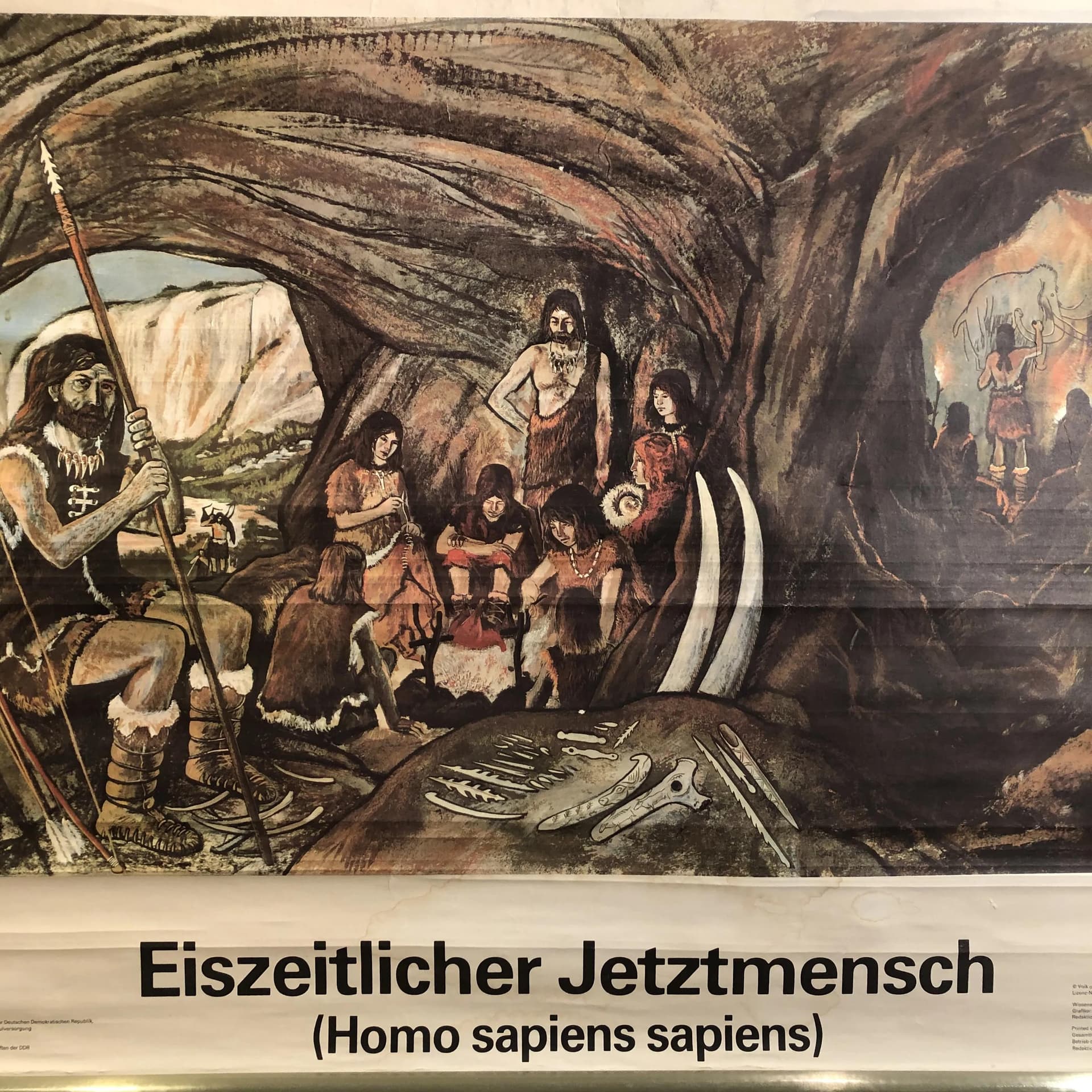 Educational wall chart Ice Age Man, multicolor paper, by E. Schreier, Germany, 1980s. - 26962