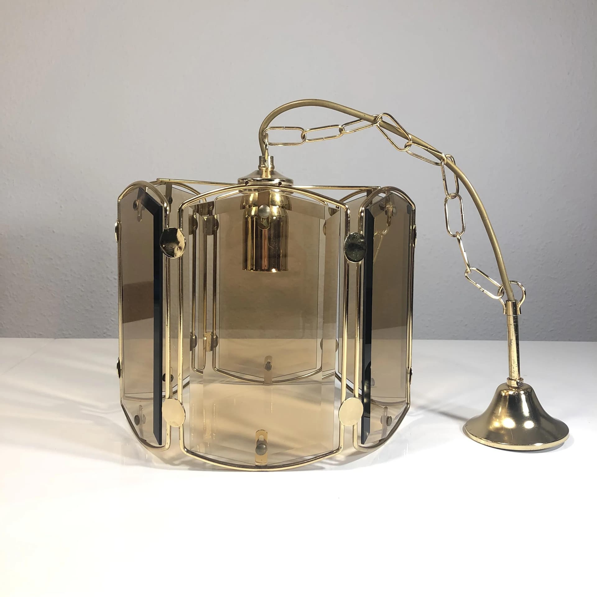 Pendant lamp, gilded steel, glass, Honsel, Germany, 1970s. - 27156