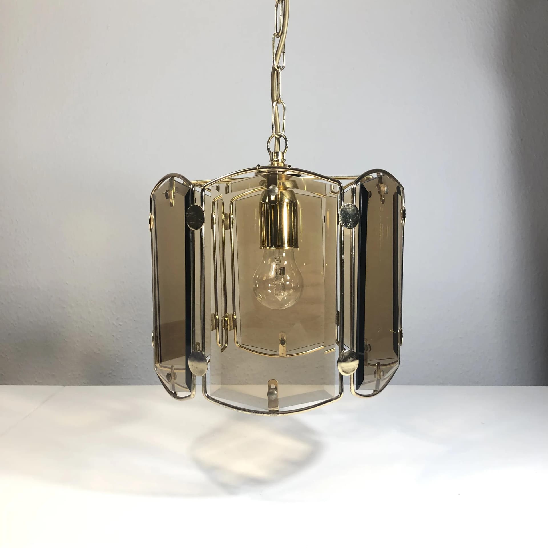 Pendant lamp, gilded steel, glass, Honsel, Germany, 1970s. - 27155