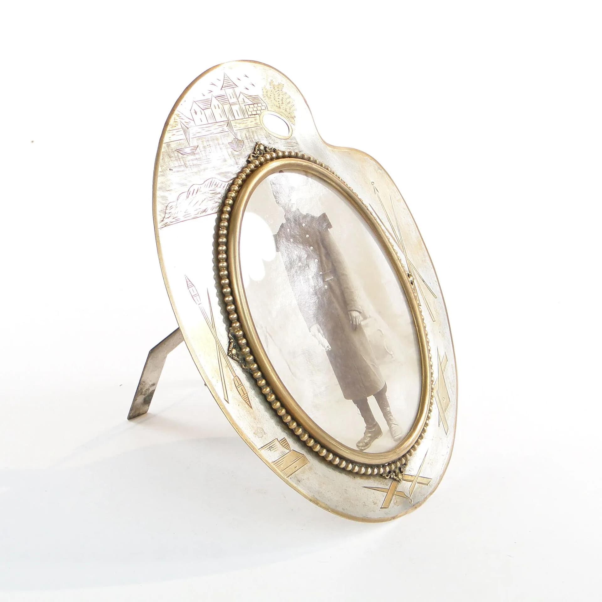 Ramka na zdjęcie, paleta malarska, mosiądz miedziany, Francja, XIX w. - 27421