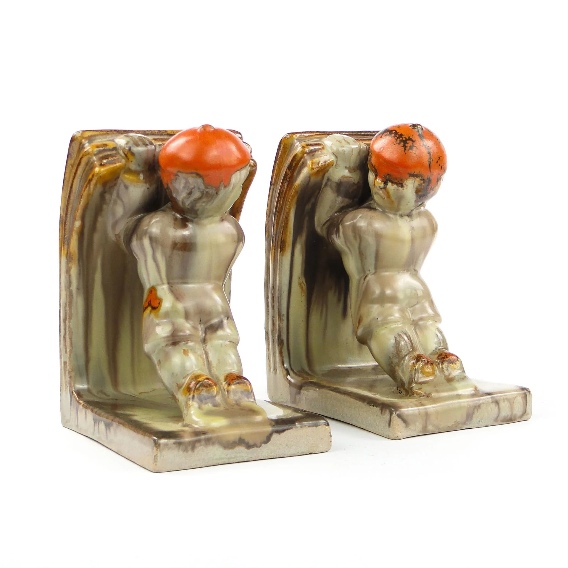 Para podpórek do książek Art Deco, ceramika glazurowana multikolor, Niemcy, lata 30. - 27410