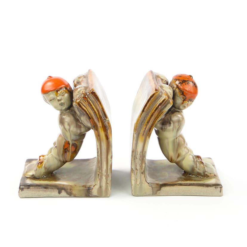 Para podpórek do książek Art Deco, ceramika glazurowana multikolor, Niemcy, lata 30.