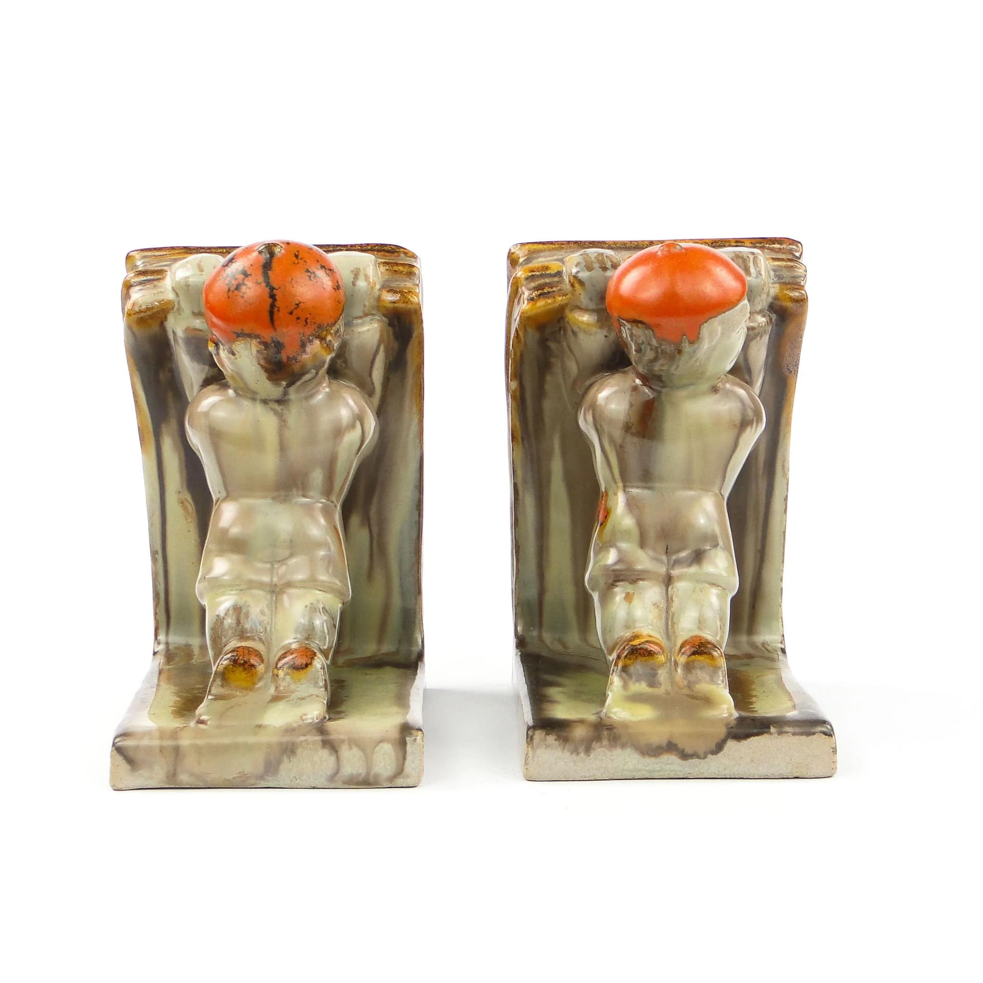 Para podpórek do książek Art Deco, ceramika glazurowana multikolor, Niemcy, lata 30. - 27413