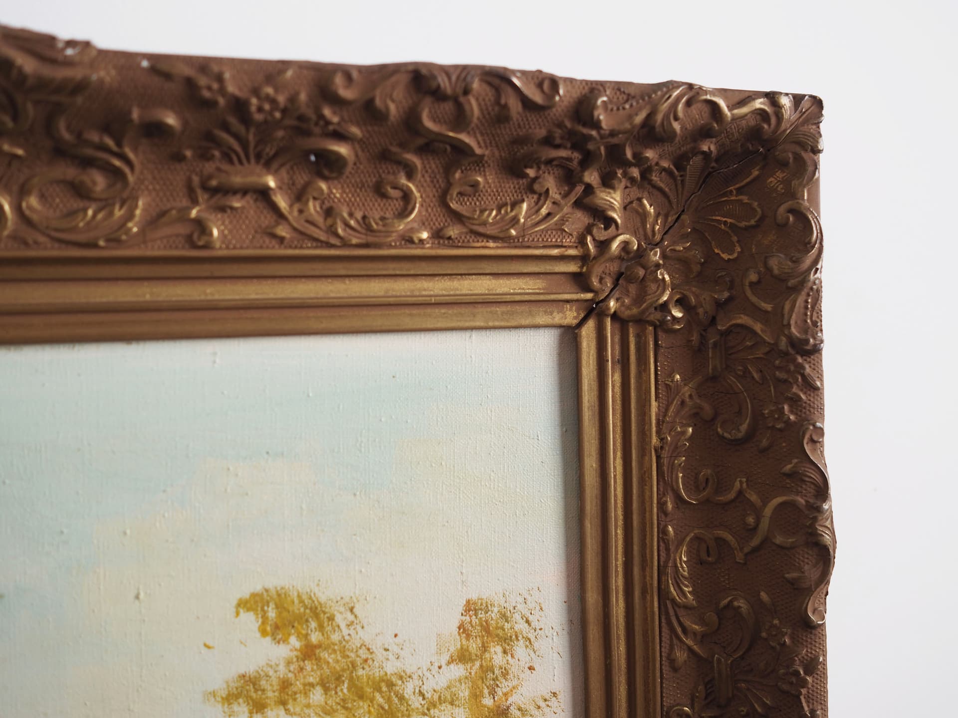 Obraz Droga nad stawem, skandynawski, zielony, olej na płótnie, rama drewno, Polska, lata 70. - 66105