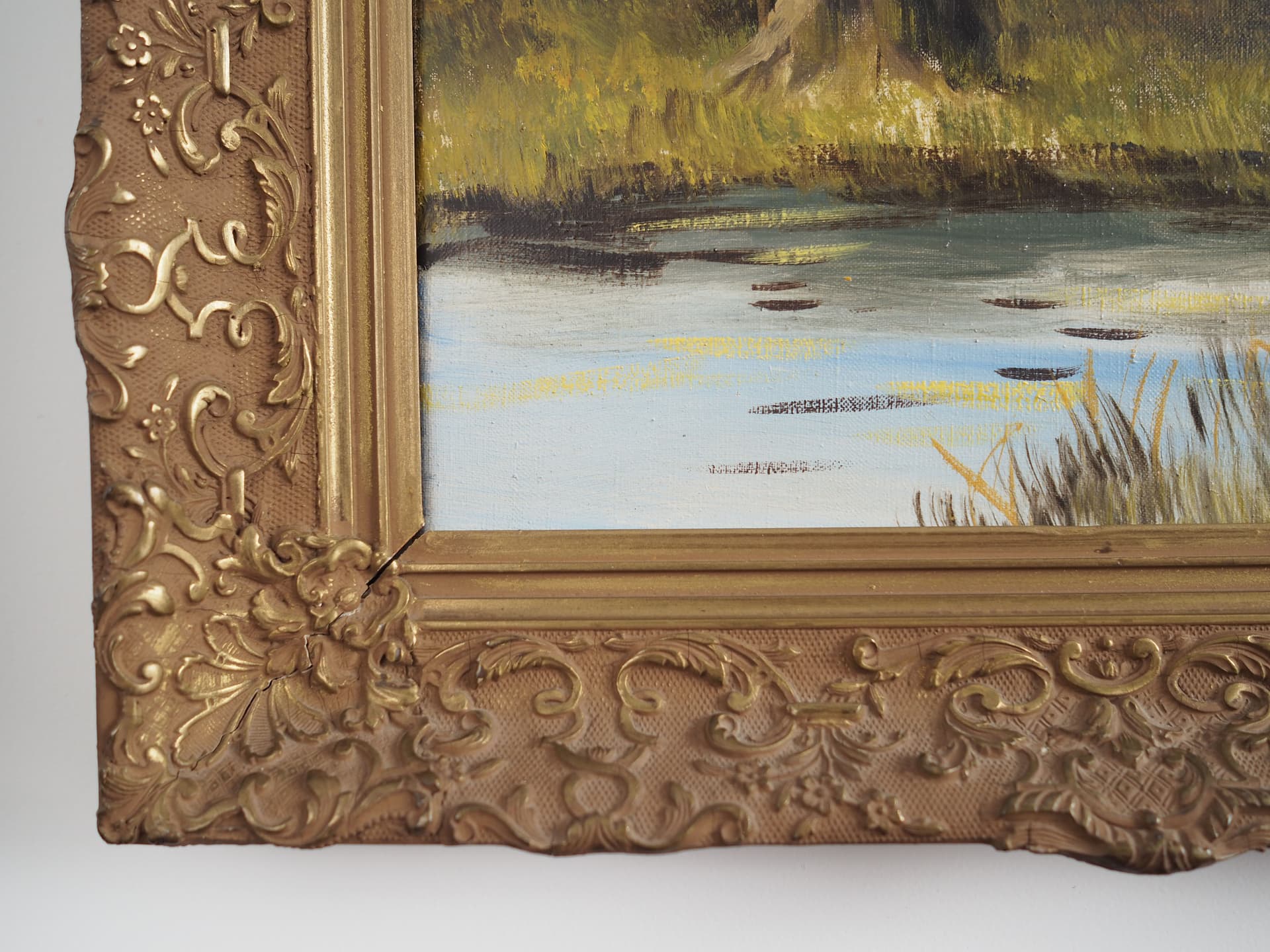 Obraz Droga nad stawem, skandynawski, zielony, olej na płótnie, rama drewno, Polska, lata 70. - 66107