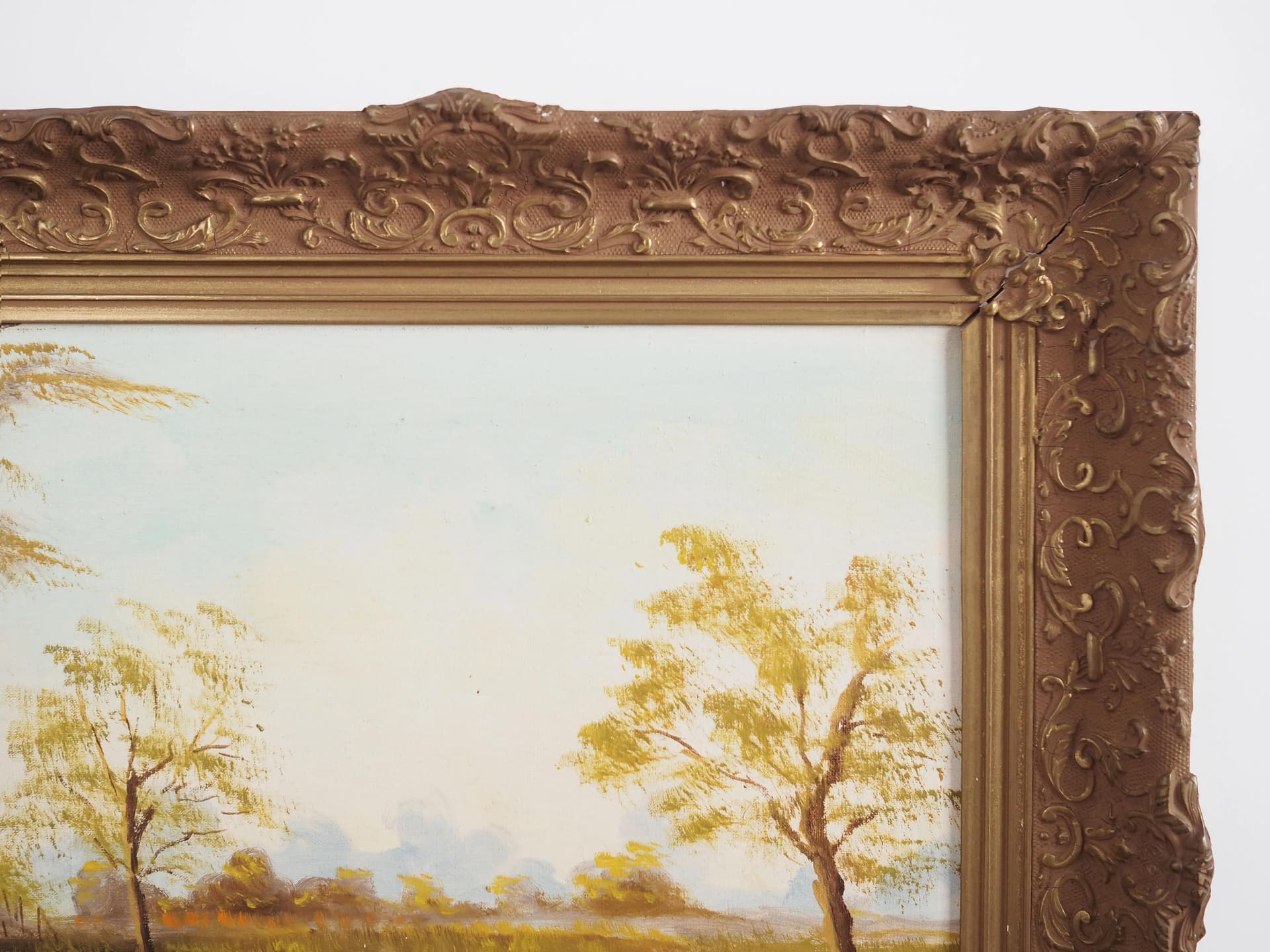 Obraz Droga nad stawem, skandynawski, zielony, olej na płótnie, rama drewno, Polska, lata 70. - 27467