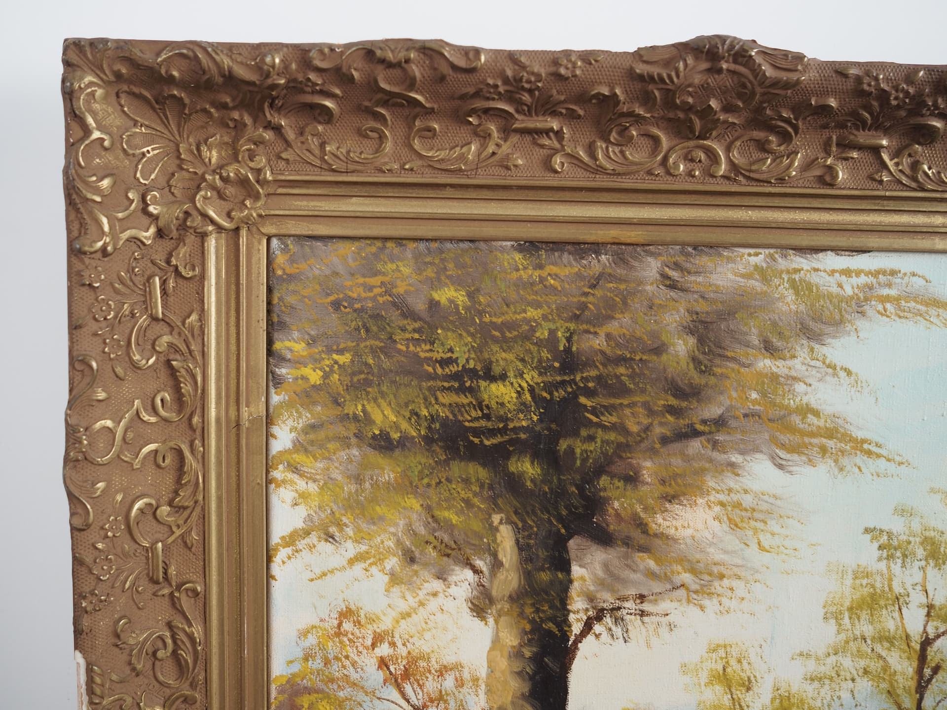 Obraz Droga nad stawem, skandynawski, zielony, olej na płótnie, rama drewno, Polska, lata 70. - 66106