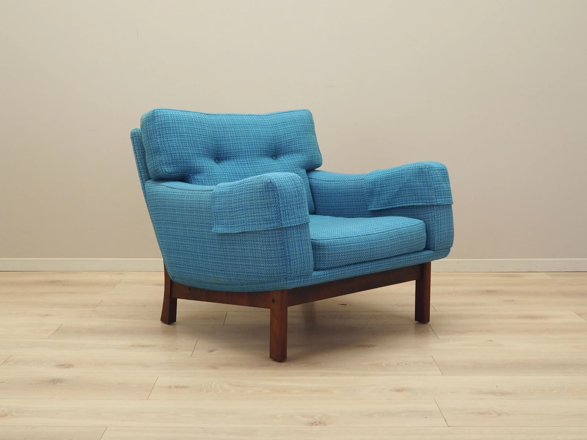 Armchair, blue fabric, teak wood, Denmark, 1960s - 27448