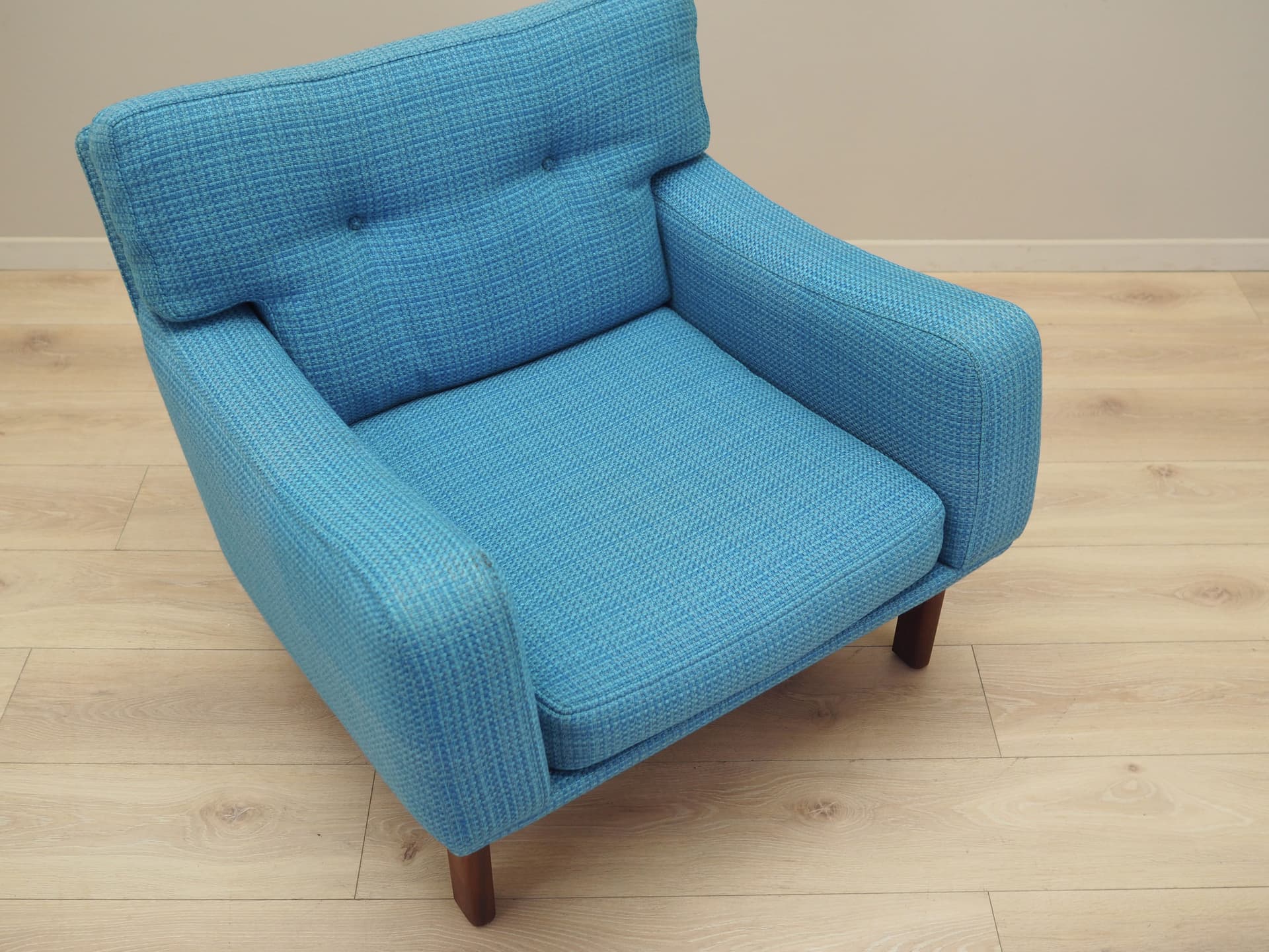 Armchair, blue fabric, teak wood, Denmark, 1960s - 66095