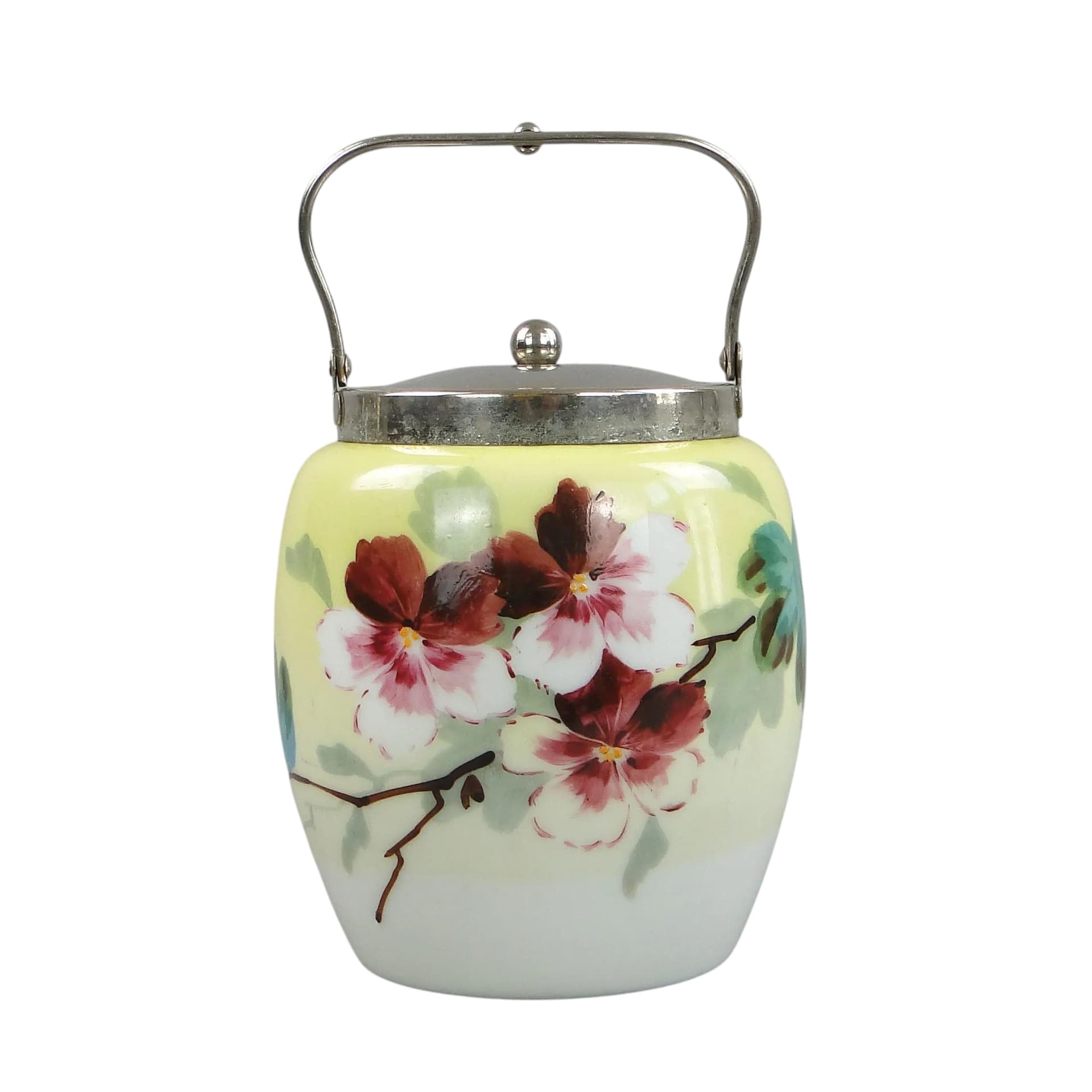 Art Nouveau biscuit barrel, yellow milk glass, Poland, early 20th c.