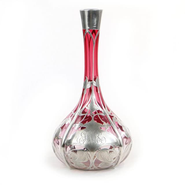 Wazon secesyjny, czerwień rubinowa, szkło, srebro, Novosad & syn, Czechy, początek XX w. - WYMIARY