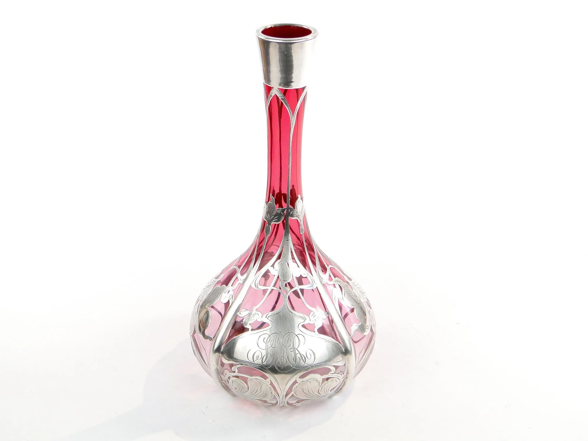 Wazon secesyjny, czerwień rubinowa, szkło, srebro, Novosad & syn, Czechy, początek XX w. - 27576