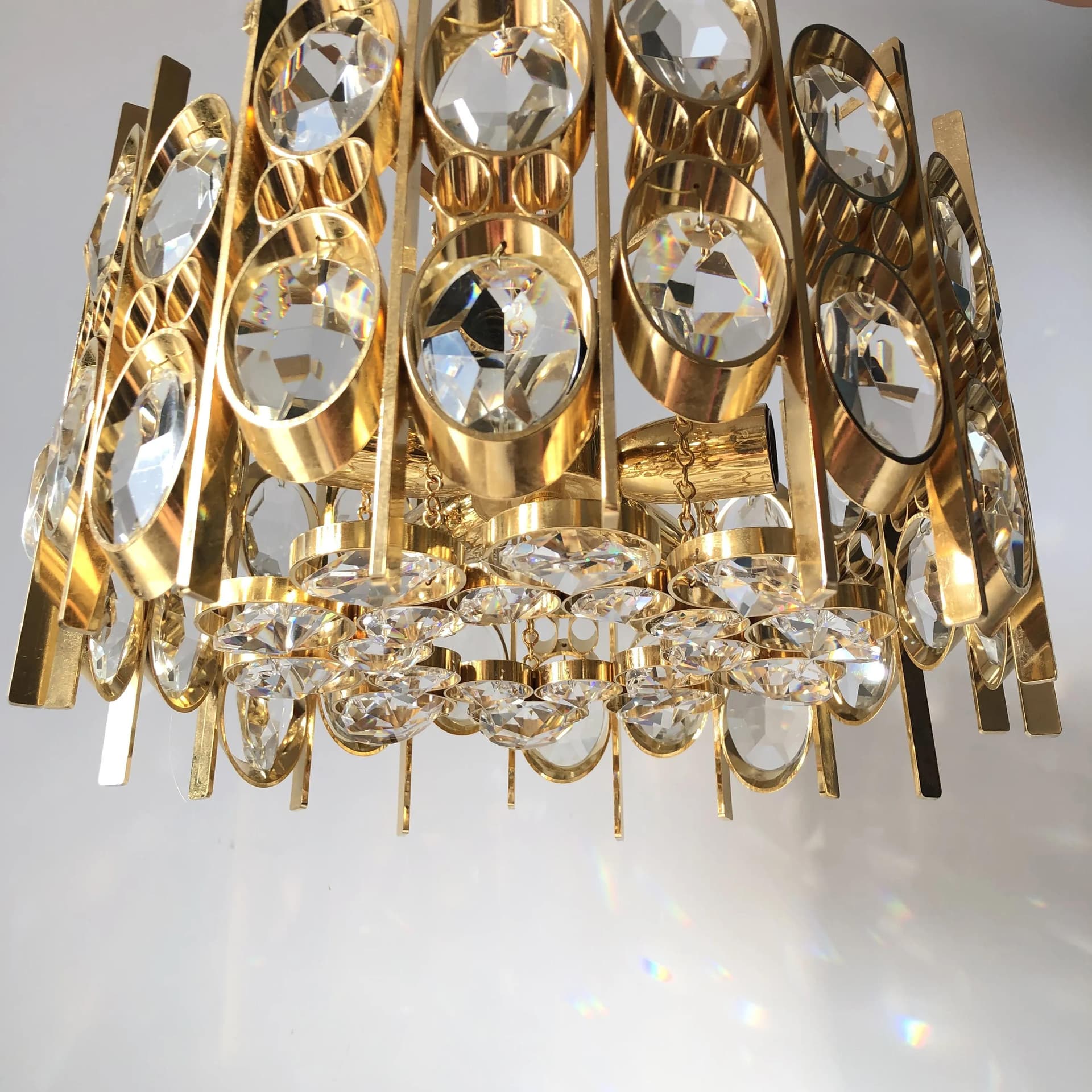 Ceiling lamp, Palwa, gilded brass, crystal, Germany, 1970s - 27552