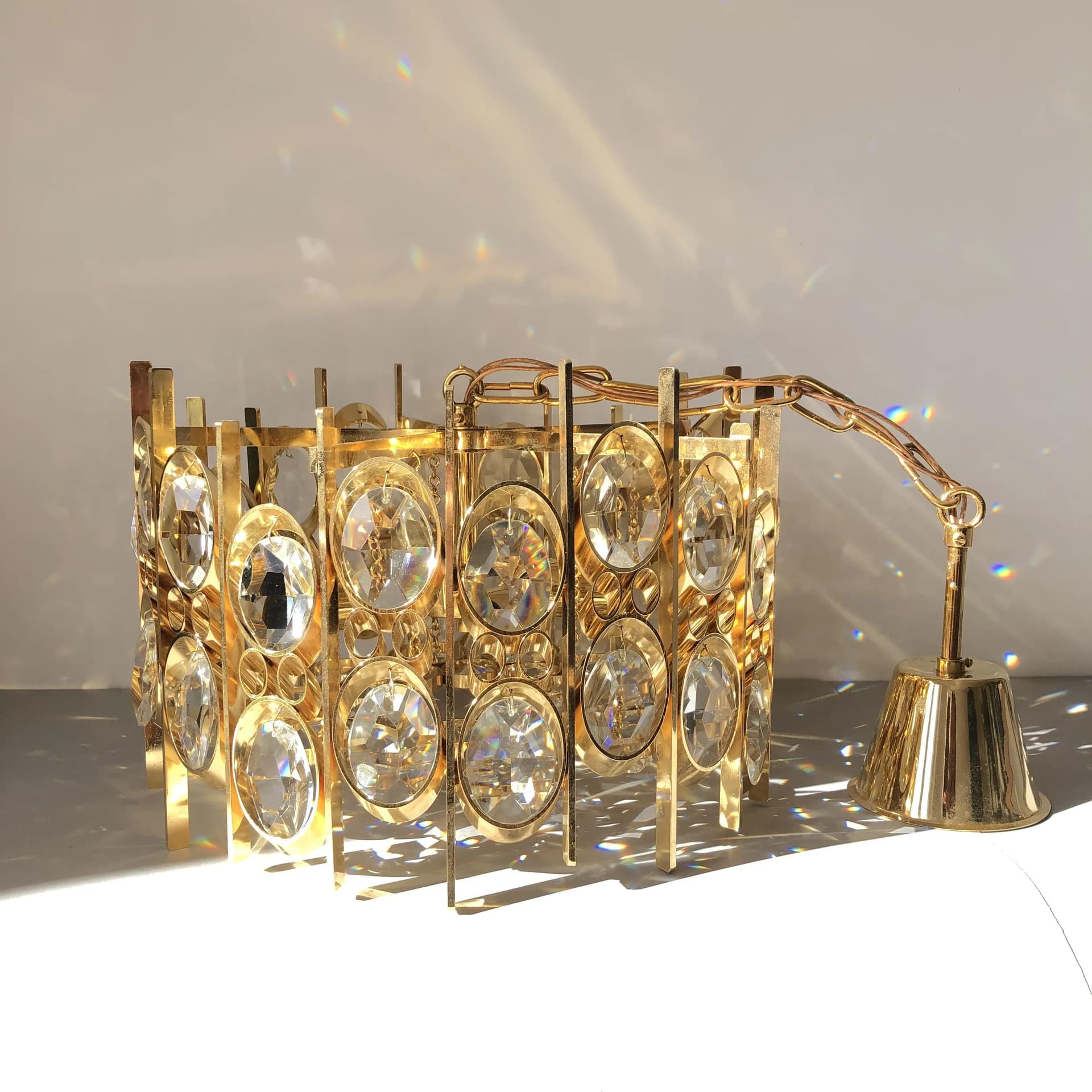 Ceiling lamp, Palwa, gilded brass, crystal, Germany, 1970s - 27557