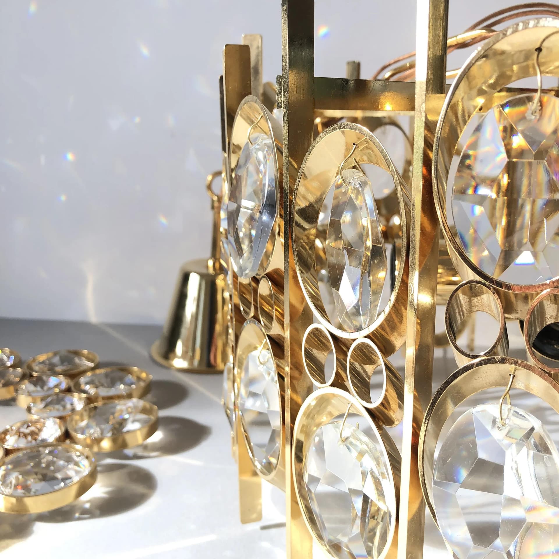 Ceiling lamp, Palwa, gilded brass, crystal, Germany, 1970s - 27556