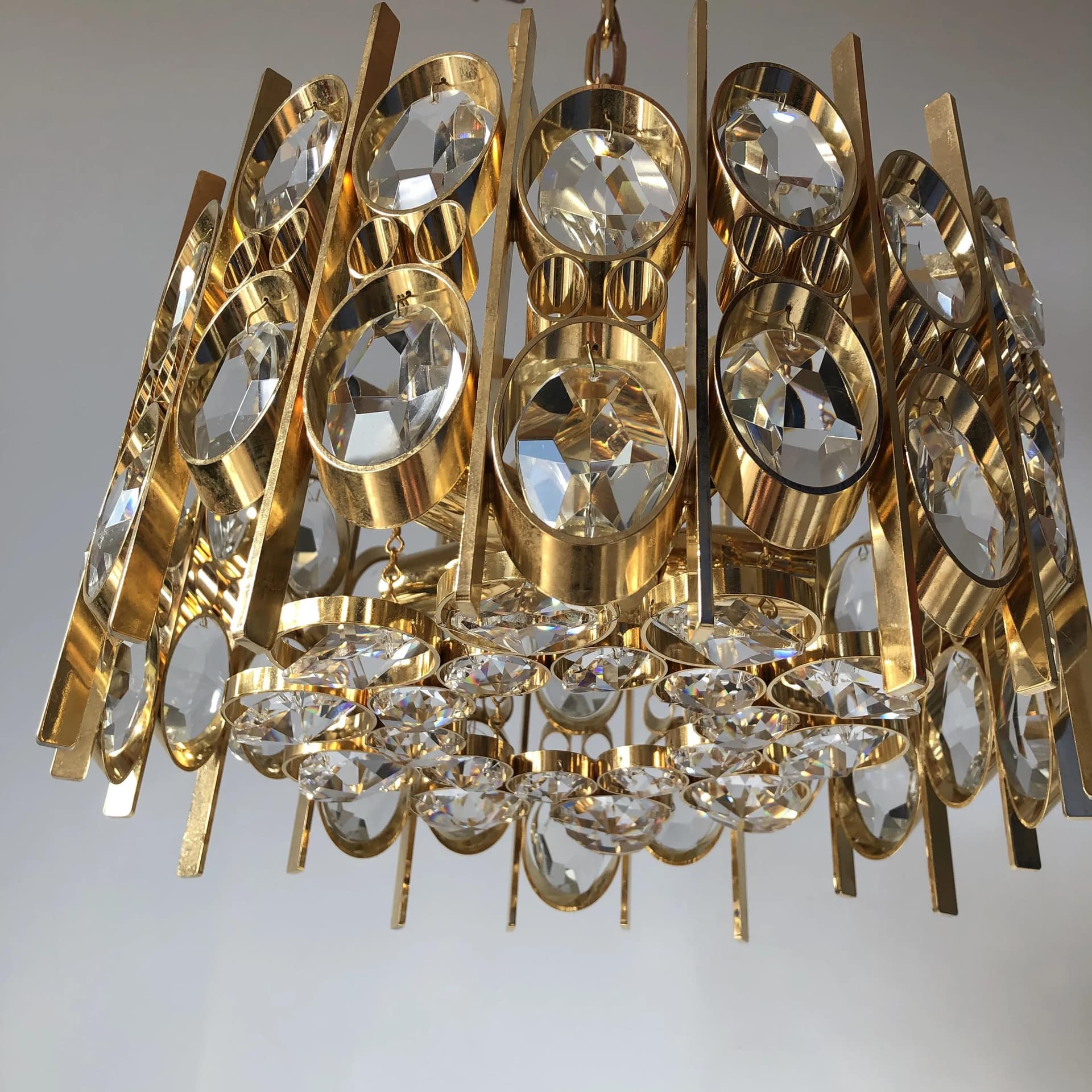 Ceiling lamp, Palwa, gilded brass, crystal, Germany, 1970s - 27555