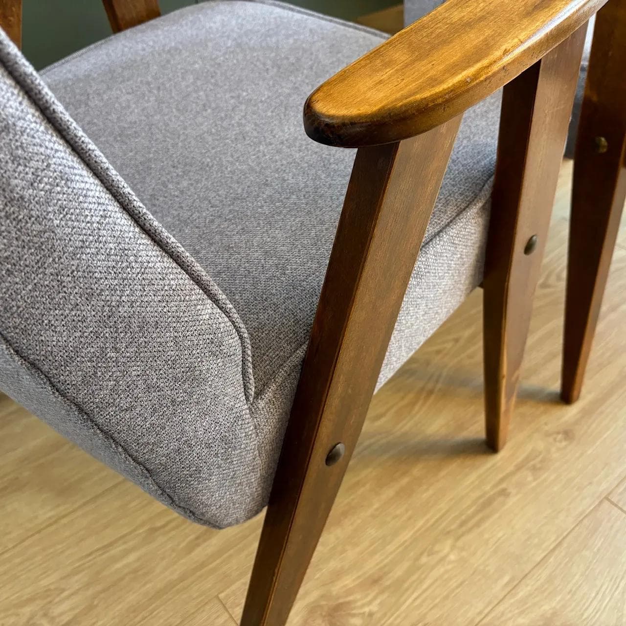 Pair of armchairs, type 366, grey upholstery, brown beech, by J. Chierowski, Dolnośląska Fabryka Mebli w Świebodzicach, Poland, 1960s. - 27731