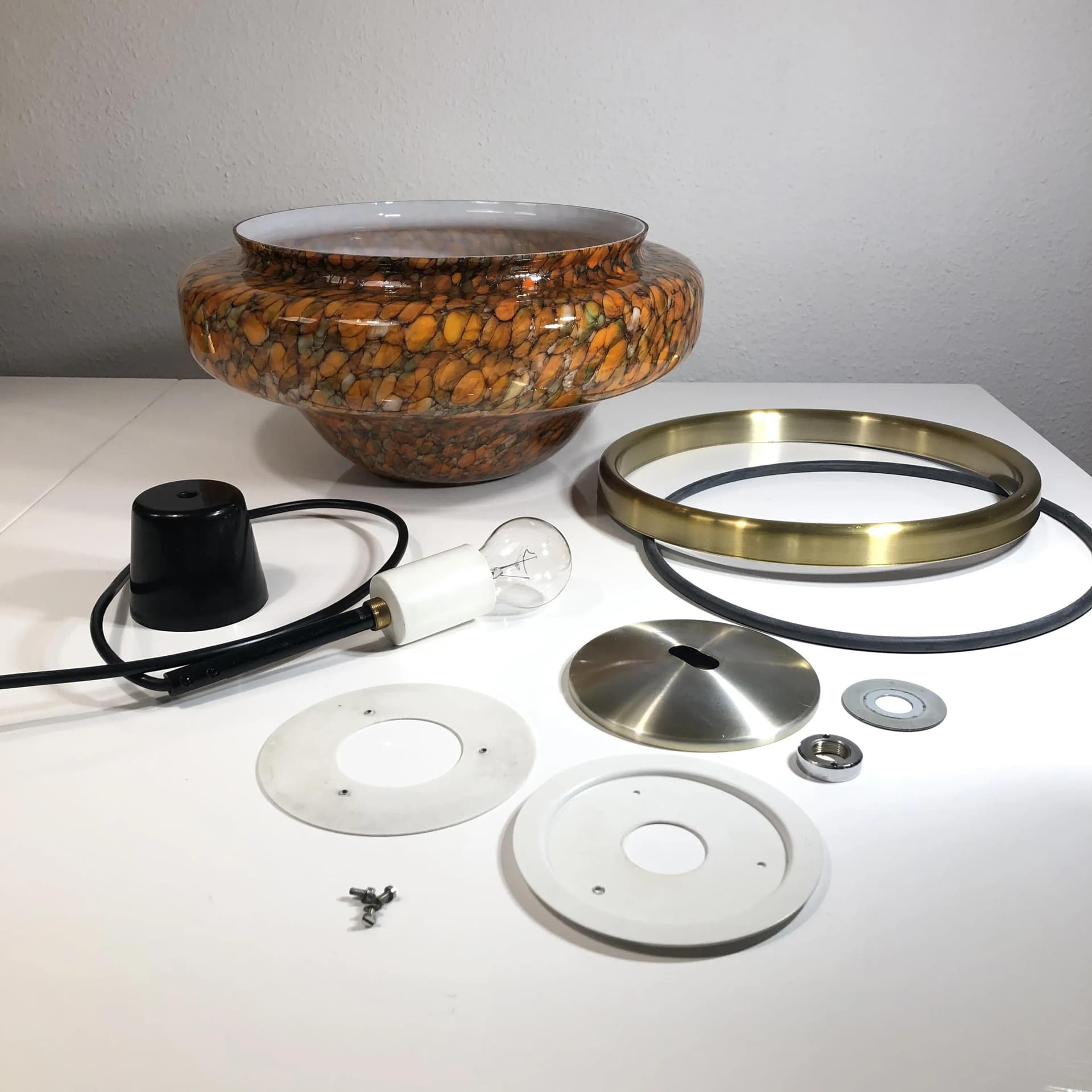 Lampa wisząca, szkło Murano pomarańczowy, aluminium złocone, Peill&Putzler, Niemcy, lata 70. - 28078