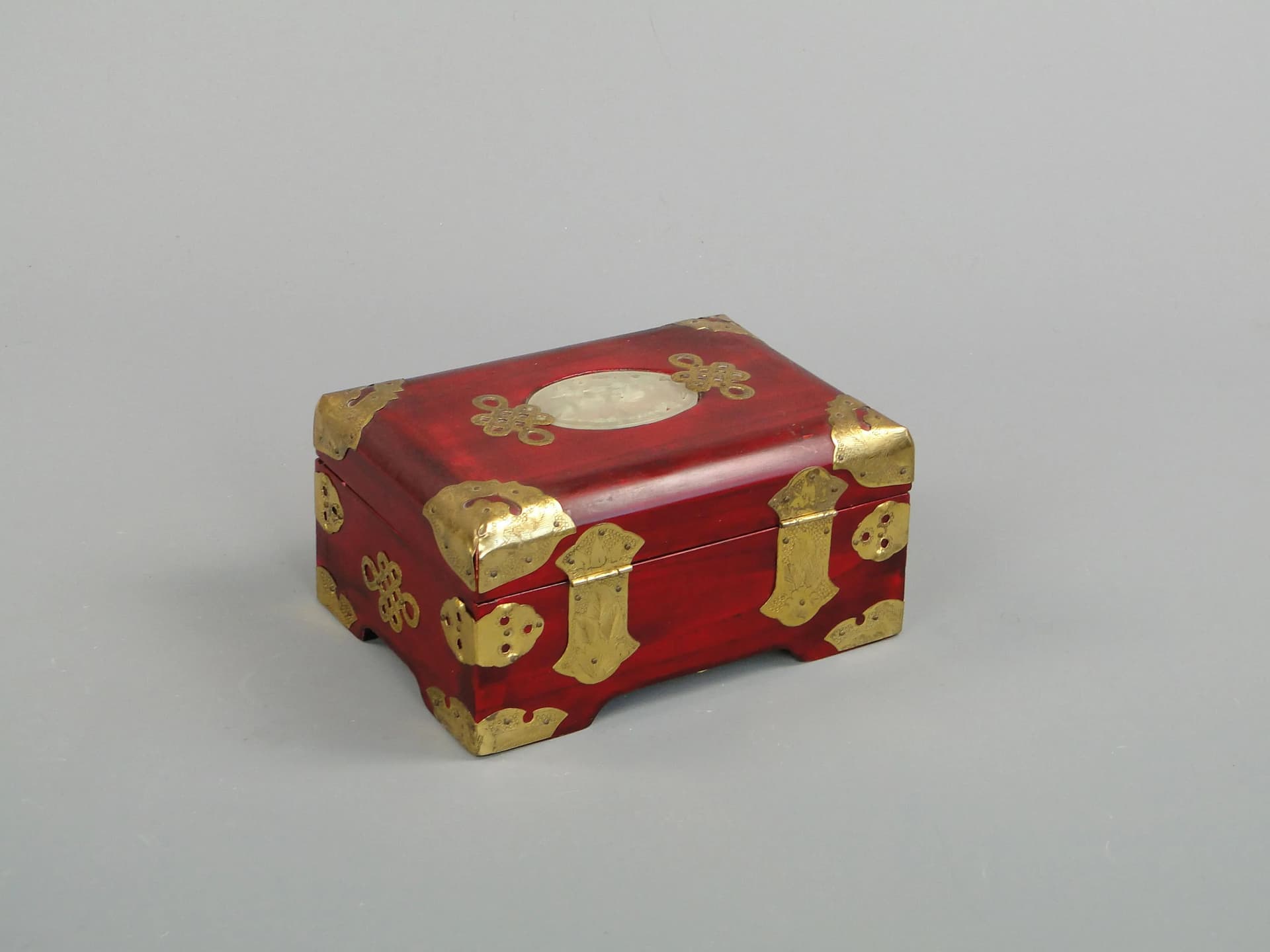 Oriental Jewelry Box, red, wood, brass, jadeite, silk, China, 1980s - 28568