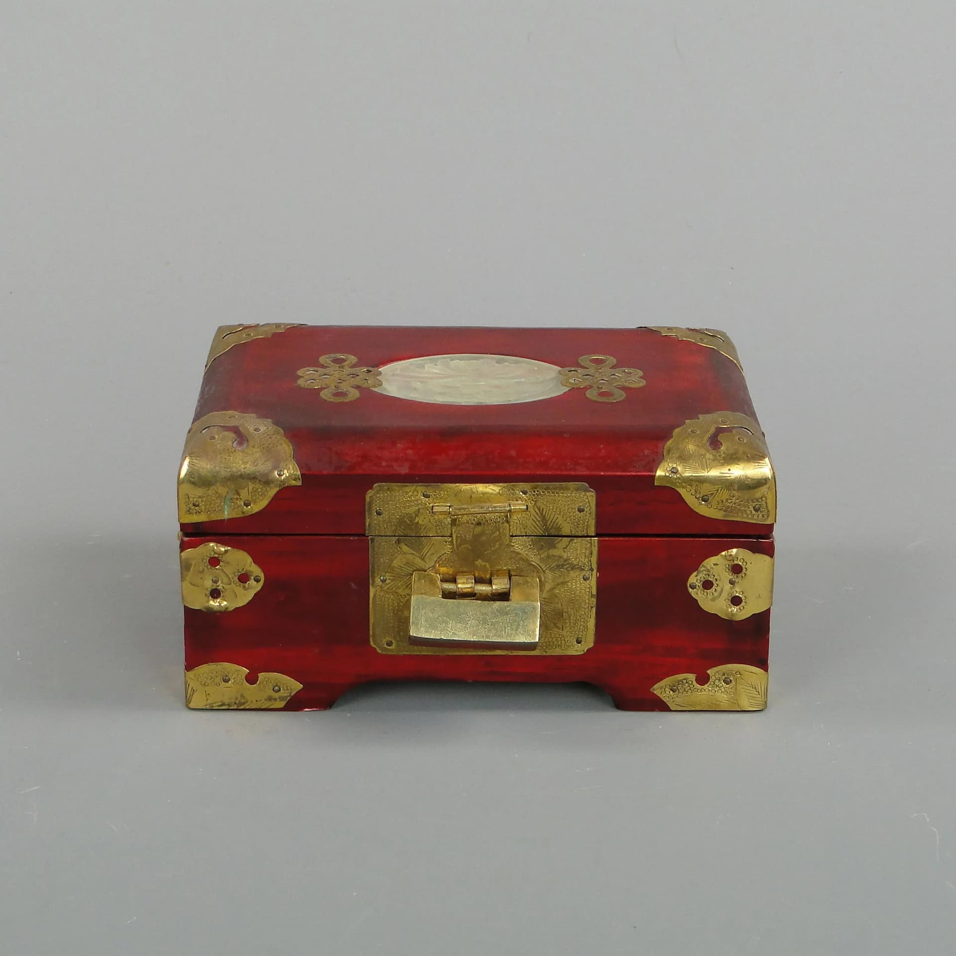 Oriental Jewelry Box, red, wood, brass, jadeite, silk, China, 1980s - 28567