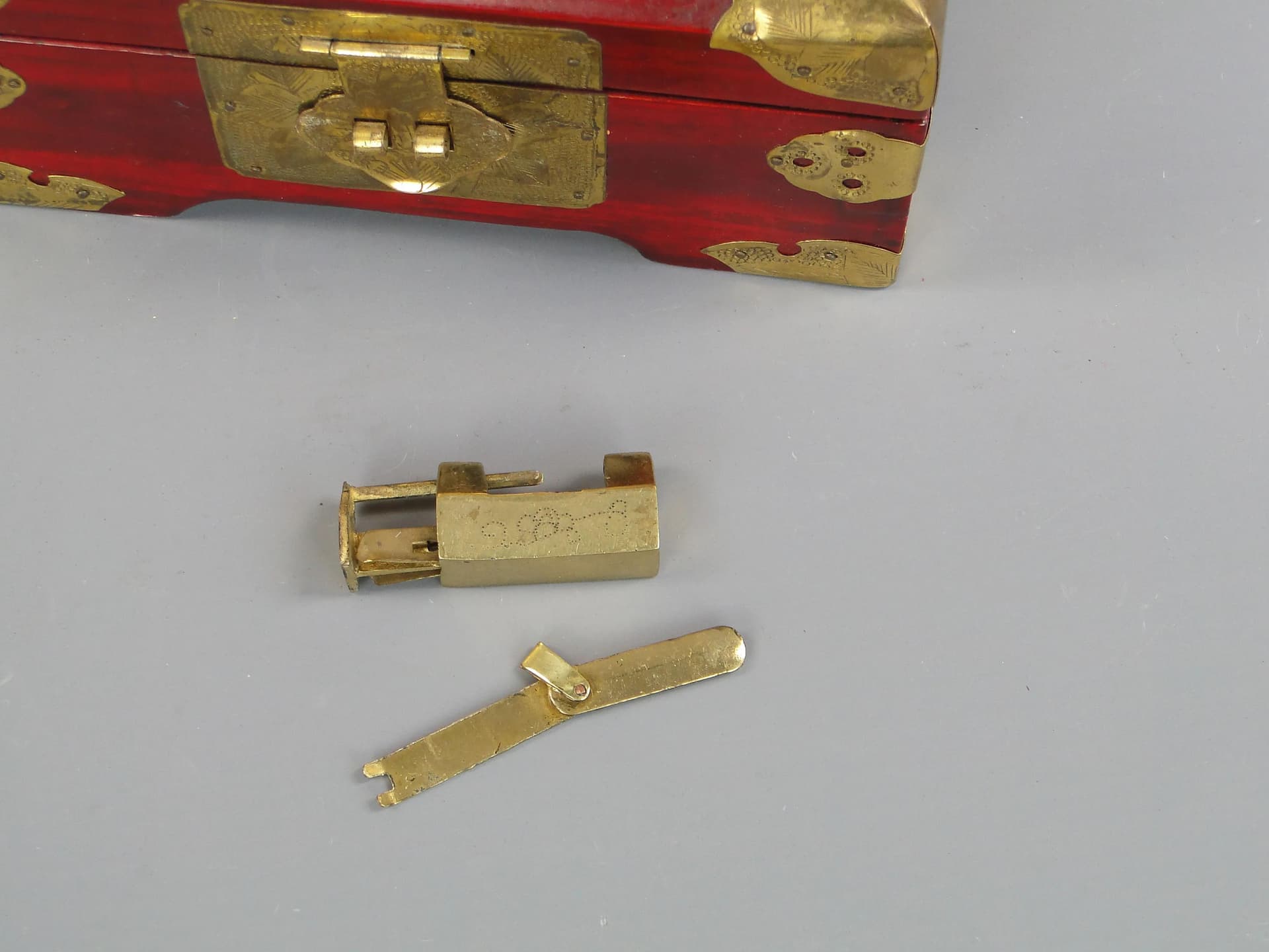 Oriental Jewelry Box, red, wood, brass, jadeite, silk, China, 1980s - 28573