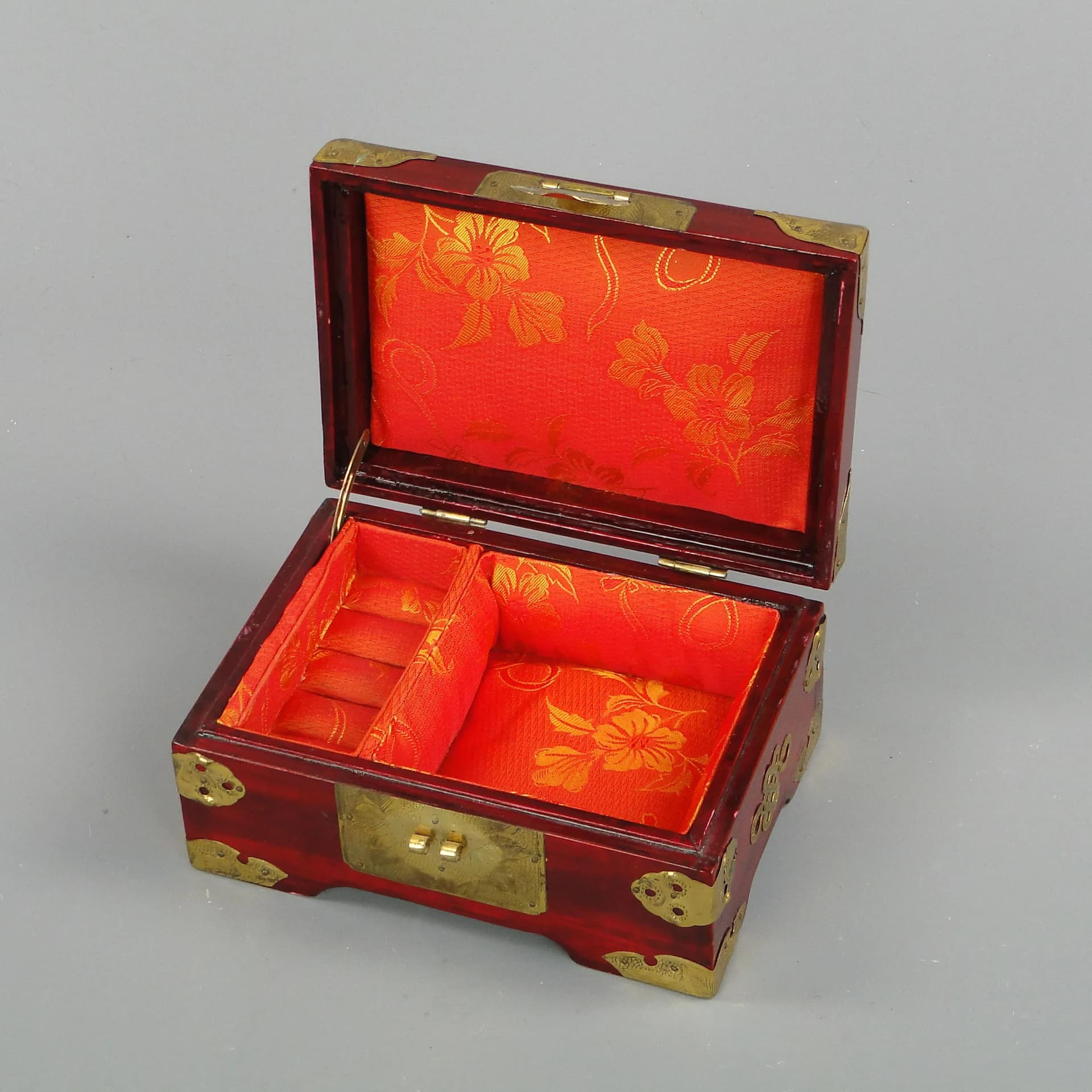 Oriental Jewelry Box, red, wood, brass, jadeite, silk, China, 1980s - 28574