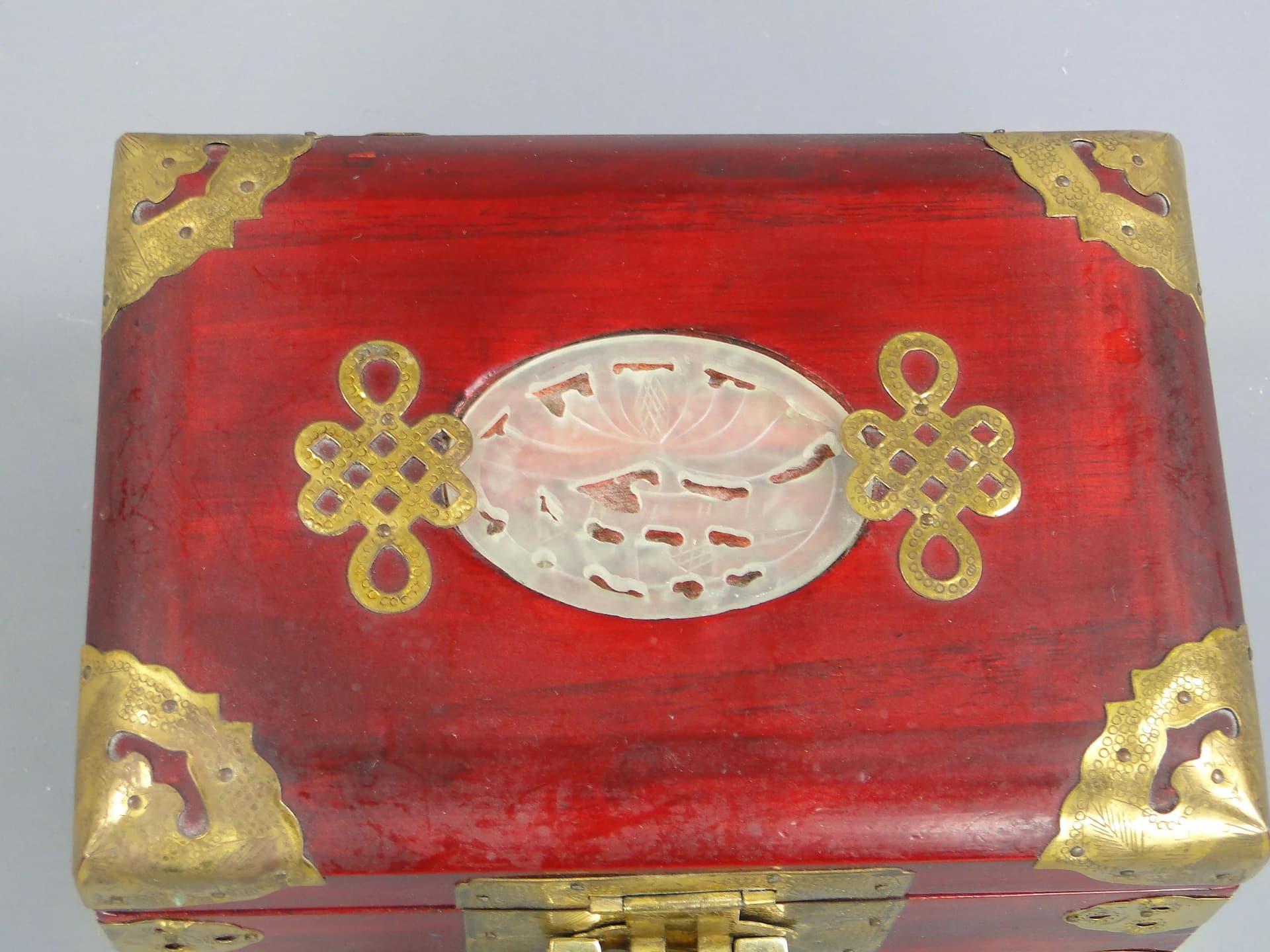 Oriental Jewelry Box, red, wood, brass, jadeite, silk, China, 1980s - 28569