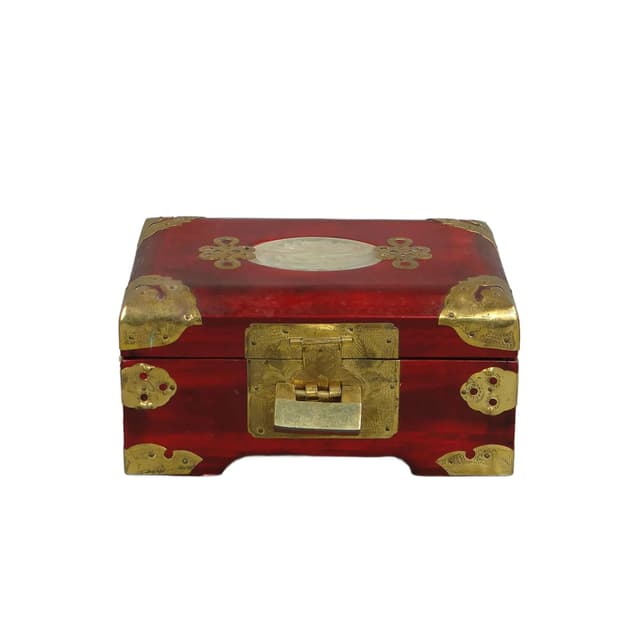 Oriental Jewelry Box, red, wood, brass, jadeite, silk, China, 1980s - DIMENSION