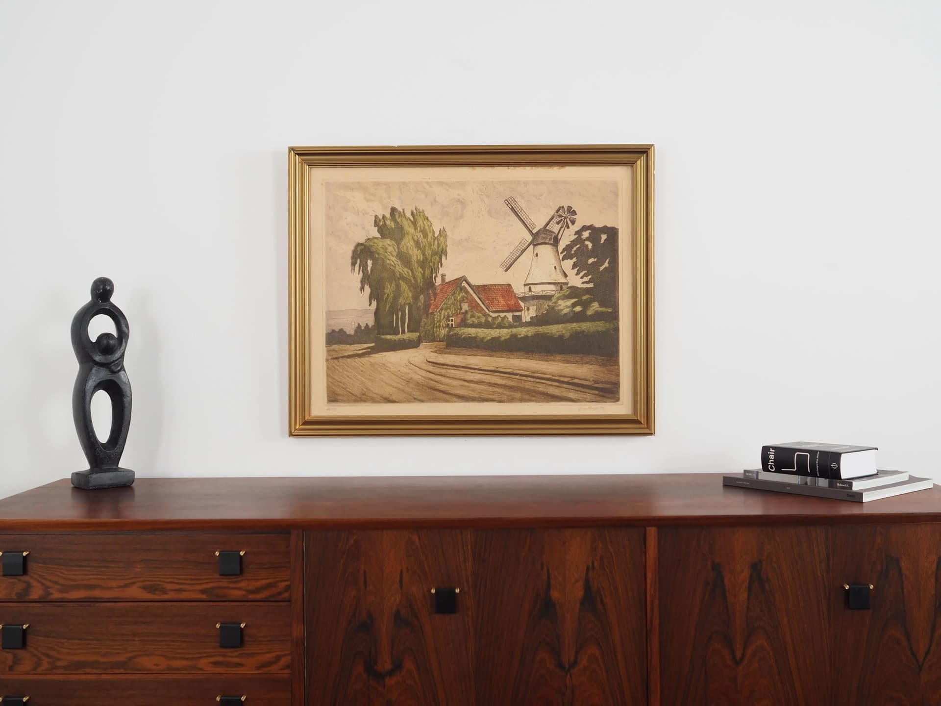 Obraz Wiatrak, skandynawski, beżowy, drewno, Szwecja, lata 70. - 28972