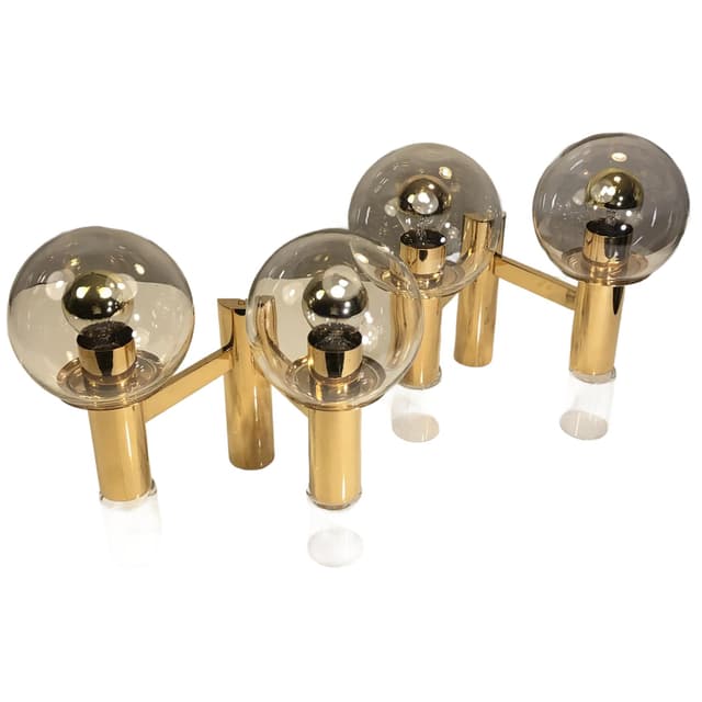 Pair of wall sconces, Space Age, gilded brass, glass, by G. Sciolari, Germany, 1970s. - DIMENSION