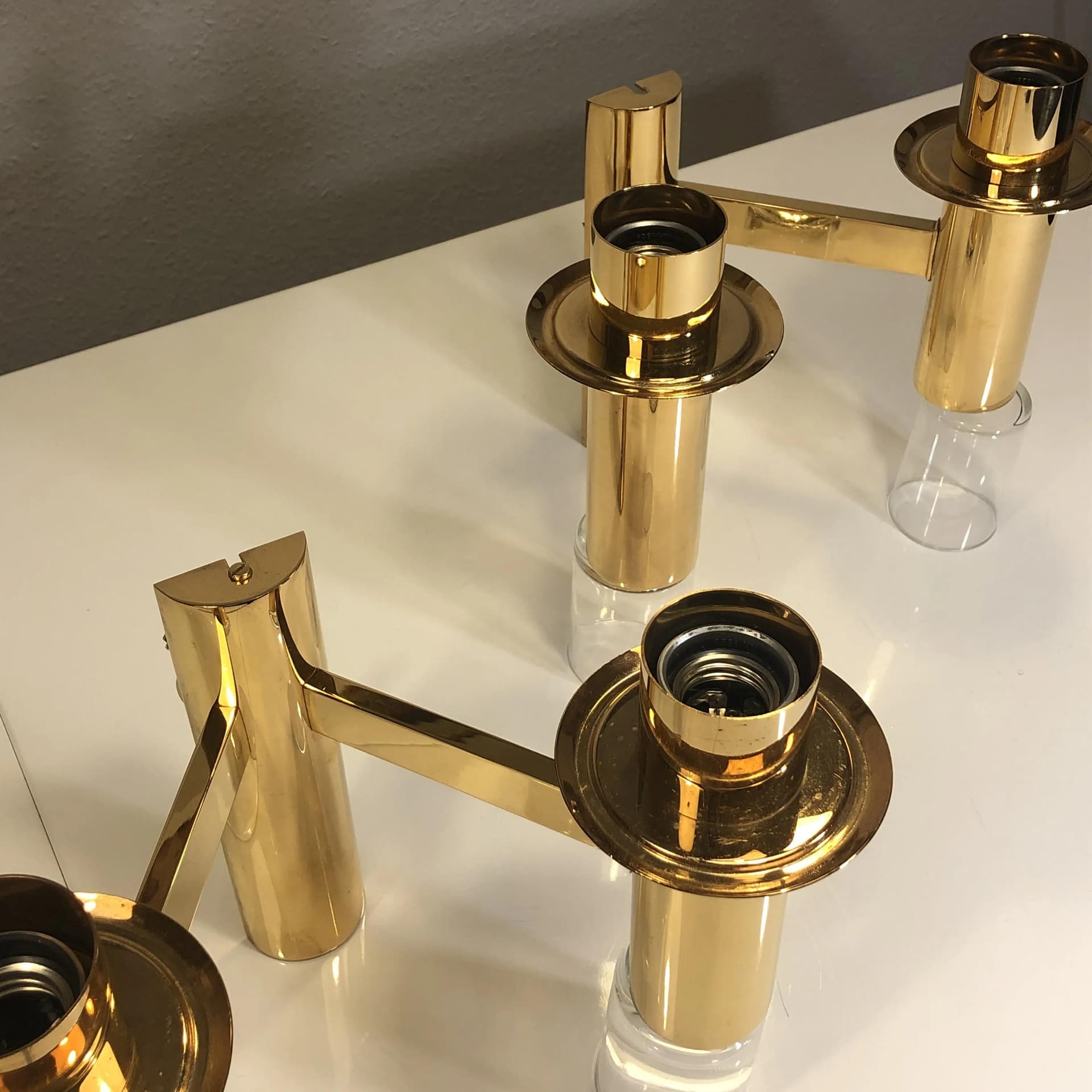 Pair of wall sconces, Space Age, gilded brass, glass, by G. Sciolari, Germany, 1970s. - 28847