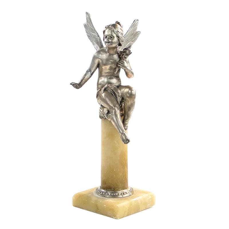 Figura Elfa, secesja, cyna srebrzona i miedziowana, alabaster beżowy, Francja, lata 90. XIX w.