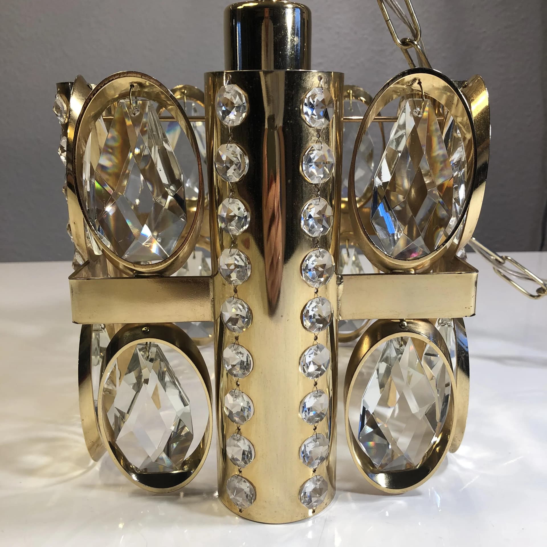 Lampa sufitowa, złoty mosiądz kryształy, Palwa, Niemcy, lata 60. - 28839