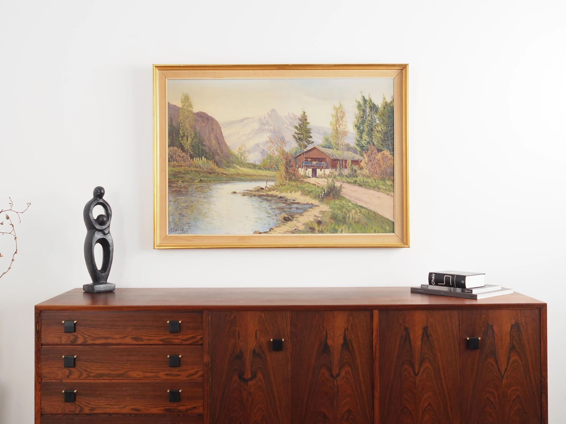 Painting Shelter by the Mountain Stream, cool blue, oil on canvas, Scandinavia, 1970s - 29247