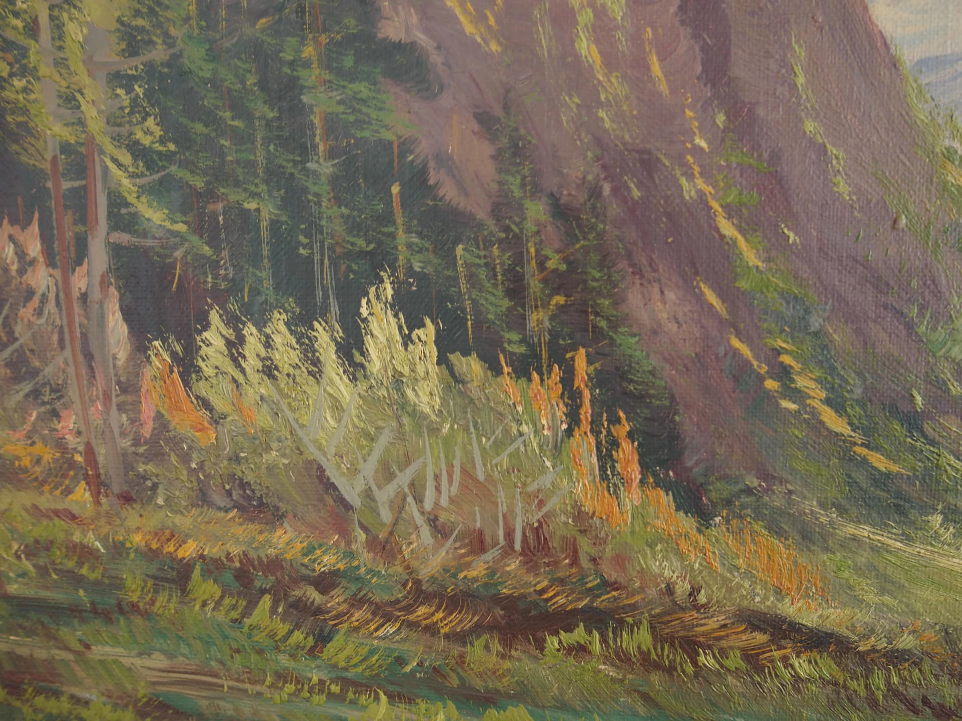 Painting Shelter by the Mountain Stream, cool blue, oil on canvas, Scandinavia, 1970s - 29253