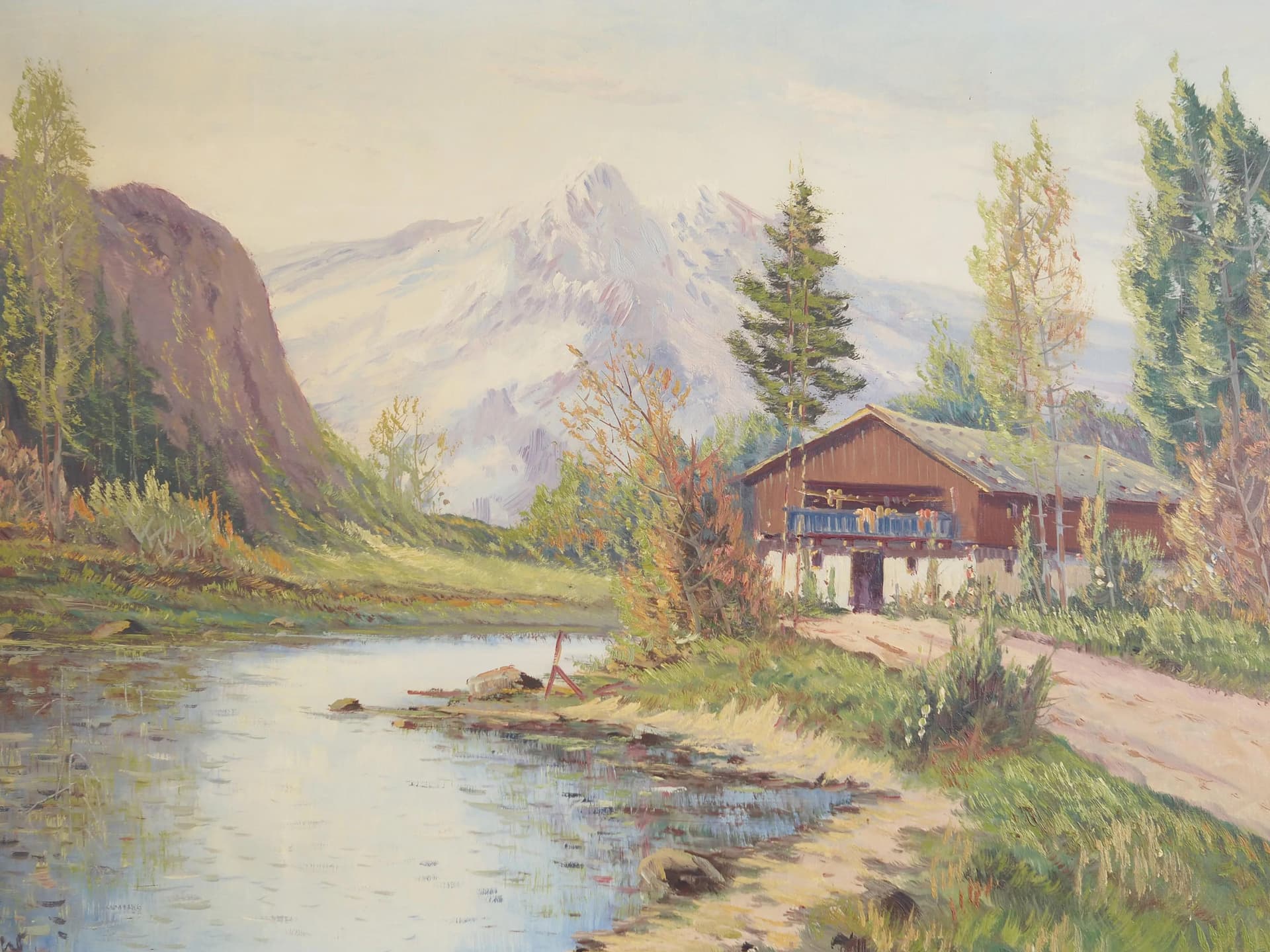 Painting Shelter by the Mountain Stream, cool blue, oil on canvas, Scandinavia, 1970s - 29250