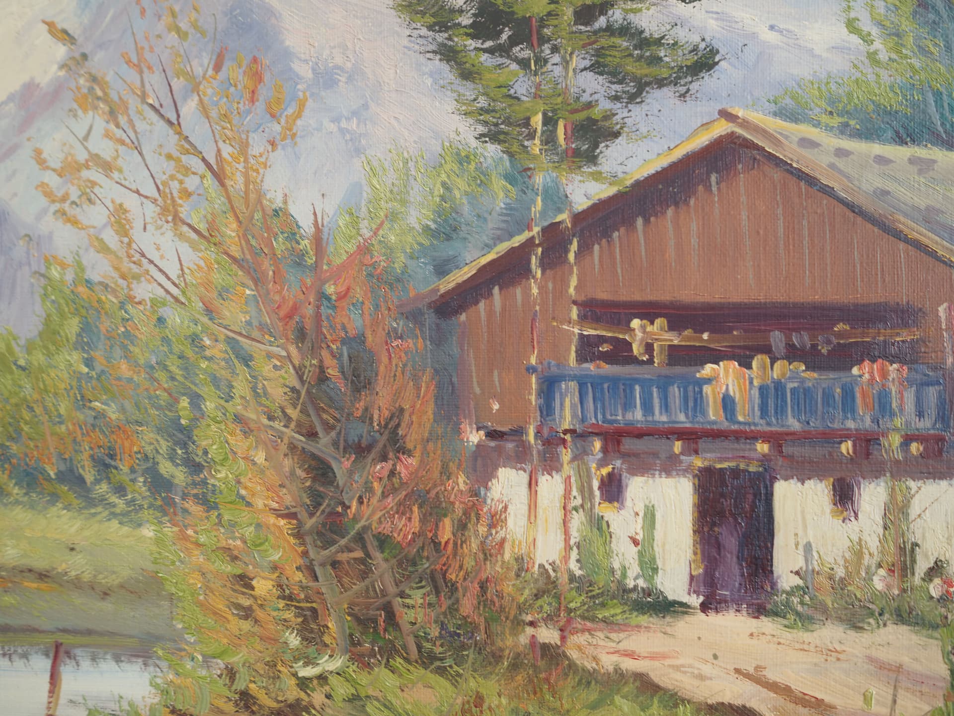 Painting Shelter by the Mountain Stream, cool blue, oil on canvas, Scandinavia, 1970s - 64807