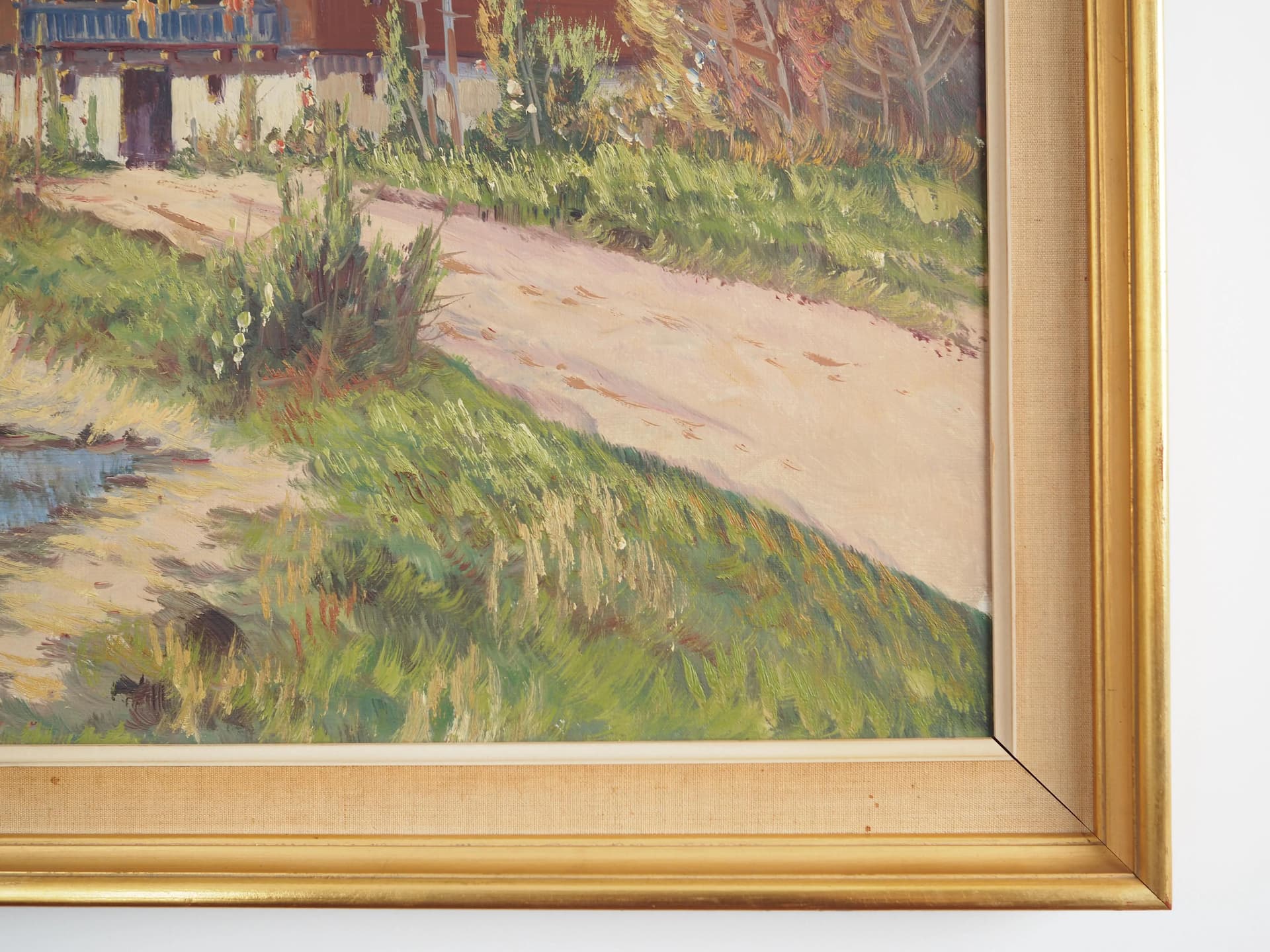 Painting Shelter by the Mountain Stream, cool blue, oil on canvas, Scandinavia, 1970s - 29255