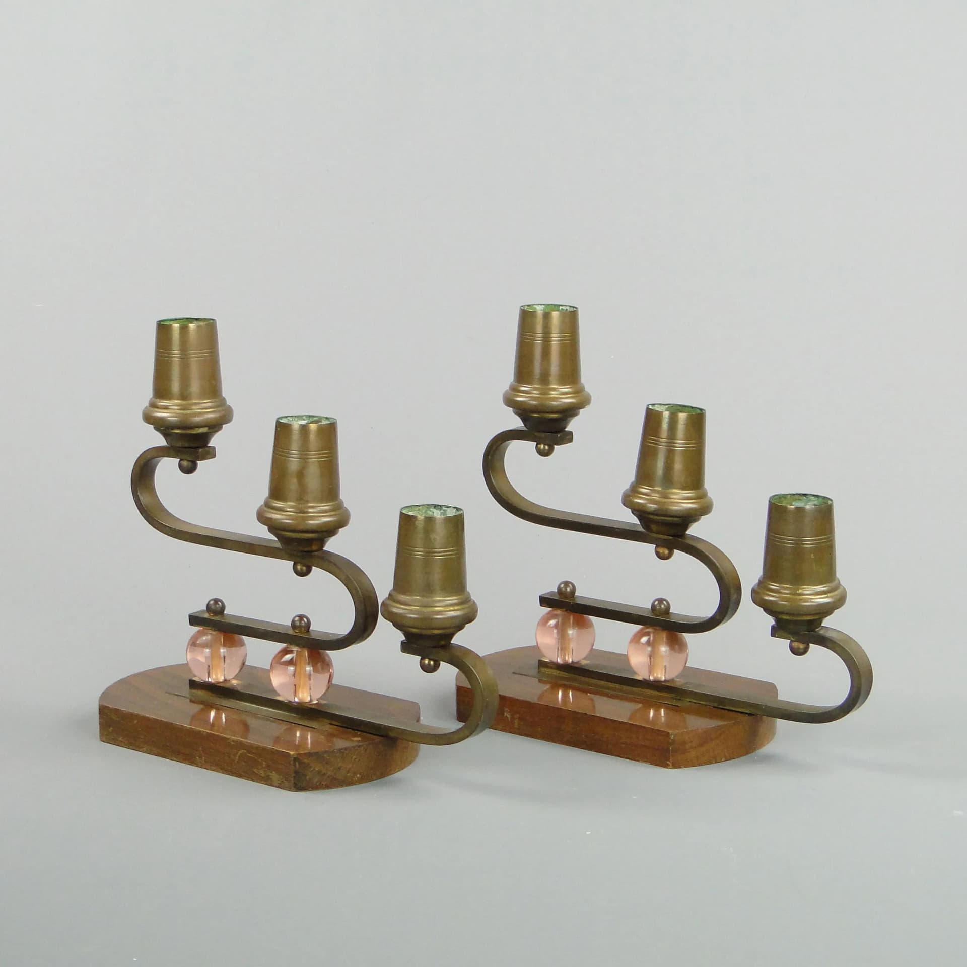 Para świeczników Art déco, orzech brązowy, mosiądz, szkło, Niemcy, lata 40. - 29159