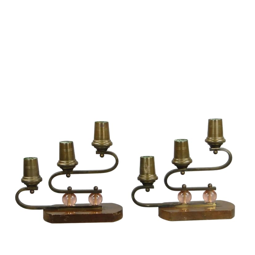 Para świeczników Art déco, orzech brązowy, mosiądz, szkło, Niemcy, lata 40.